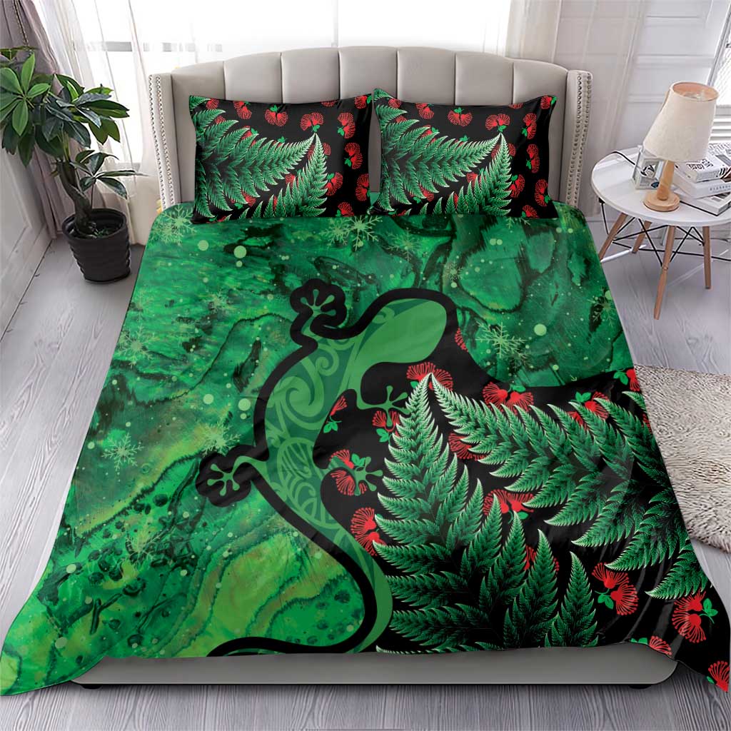 New Zealand Gecko Christmas Bedding Set Meri Kirihimete Paua Shell Mix Pohutukawa - Vibe Hoodie Shop