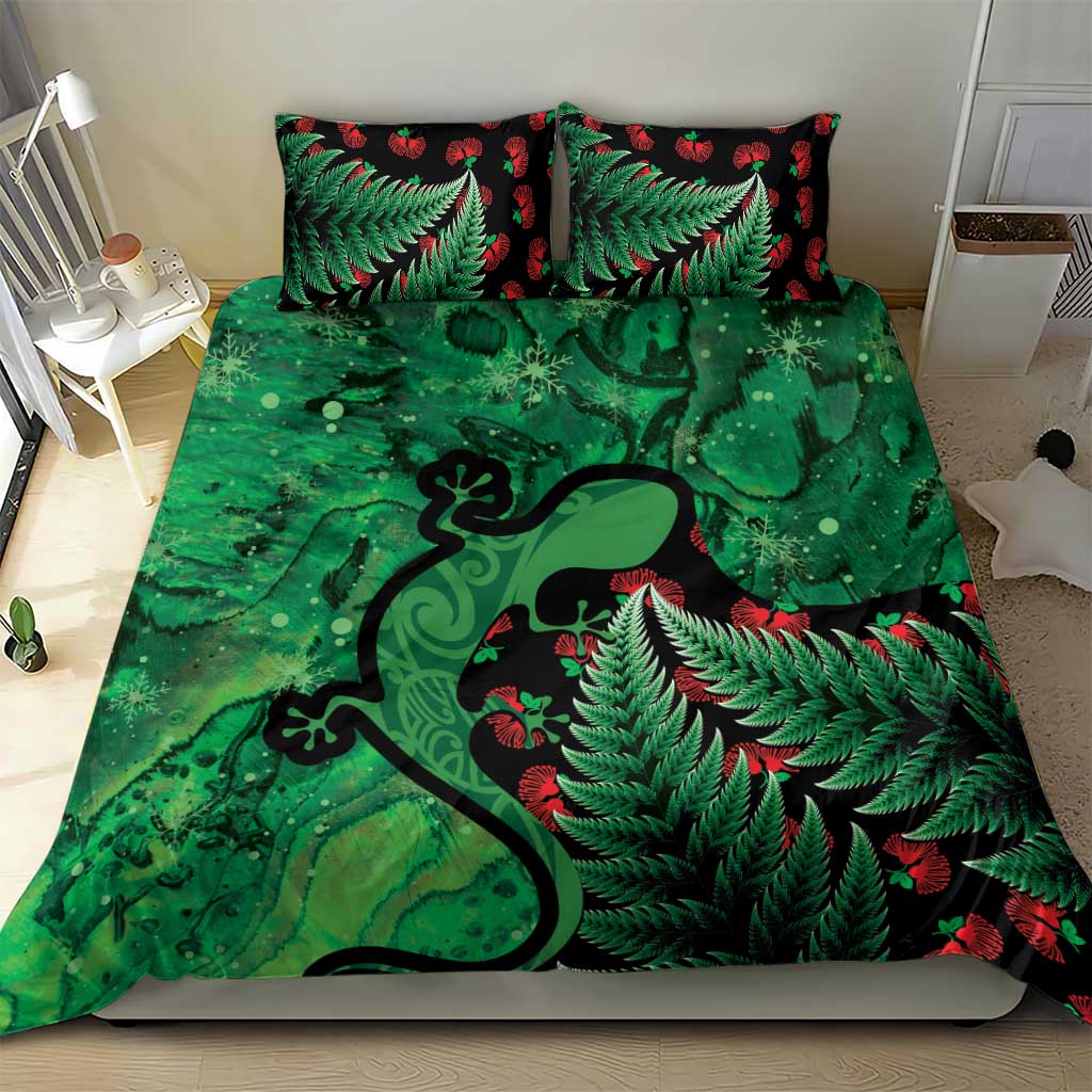 New Zealand Gecko Christmas Bedding Set Meri Kirihimete Paua Shell Mix Pohutukawa - Vibe Hoodie Shop
