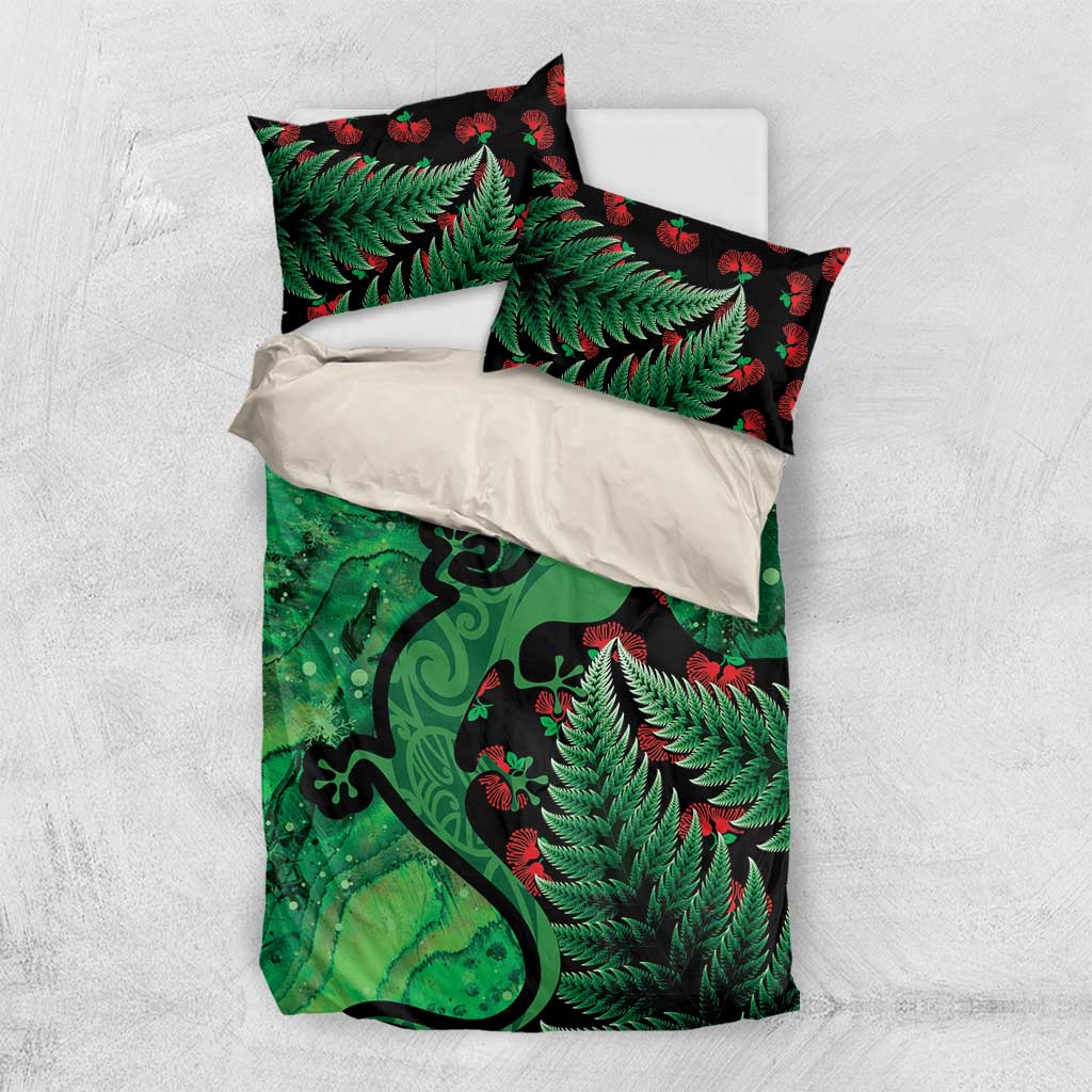 New Zealand Gecko Christmas Bedding Set Meri Kirihimete Paua Shell Mix Pohutukawa - Vibe Hoodie Shop