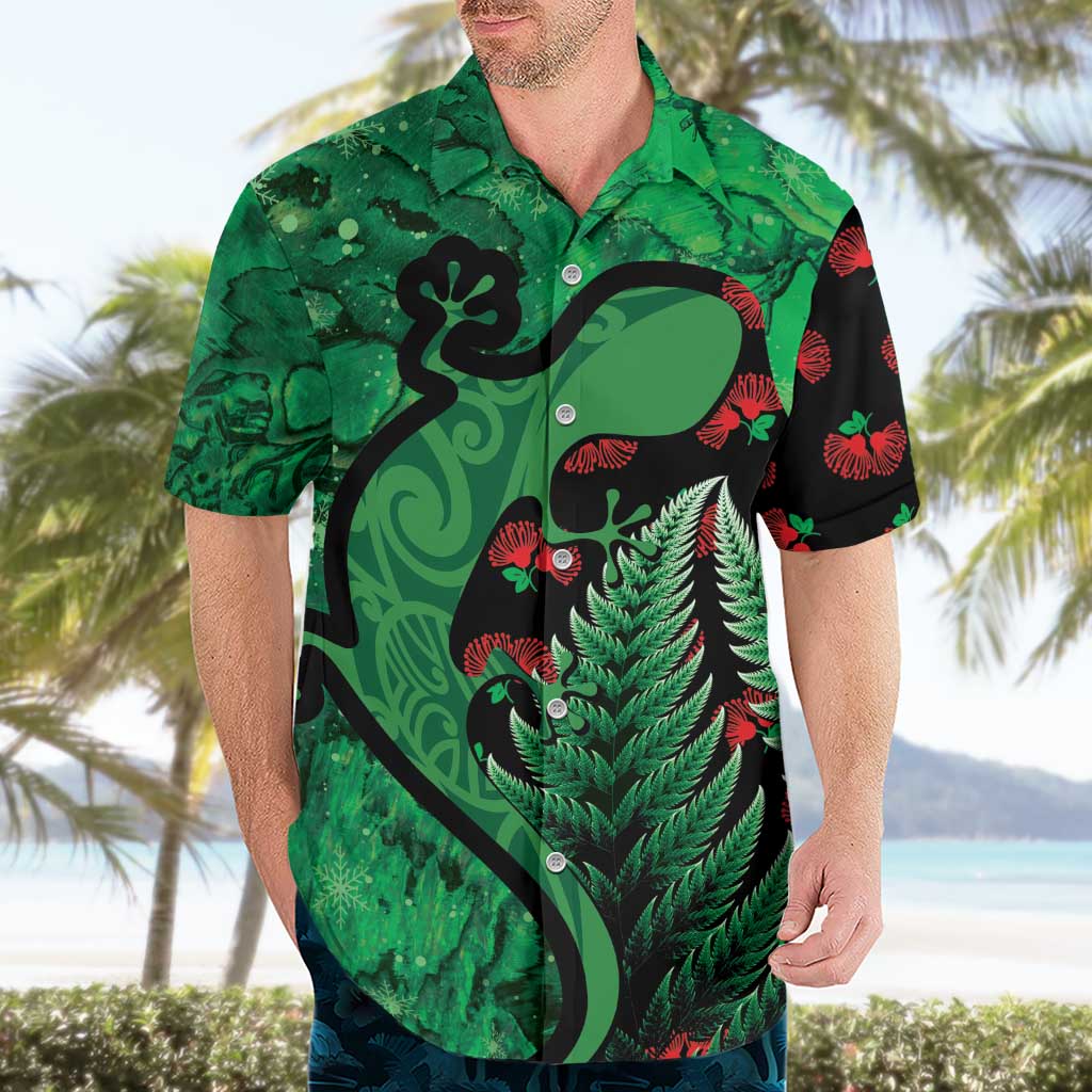 New Zealand Gecko Christmas Hawaiian Shirt Meri Kirihimete Paua Shell Mix Pohutukawa - Vibe Hoodie Shop