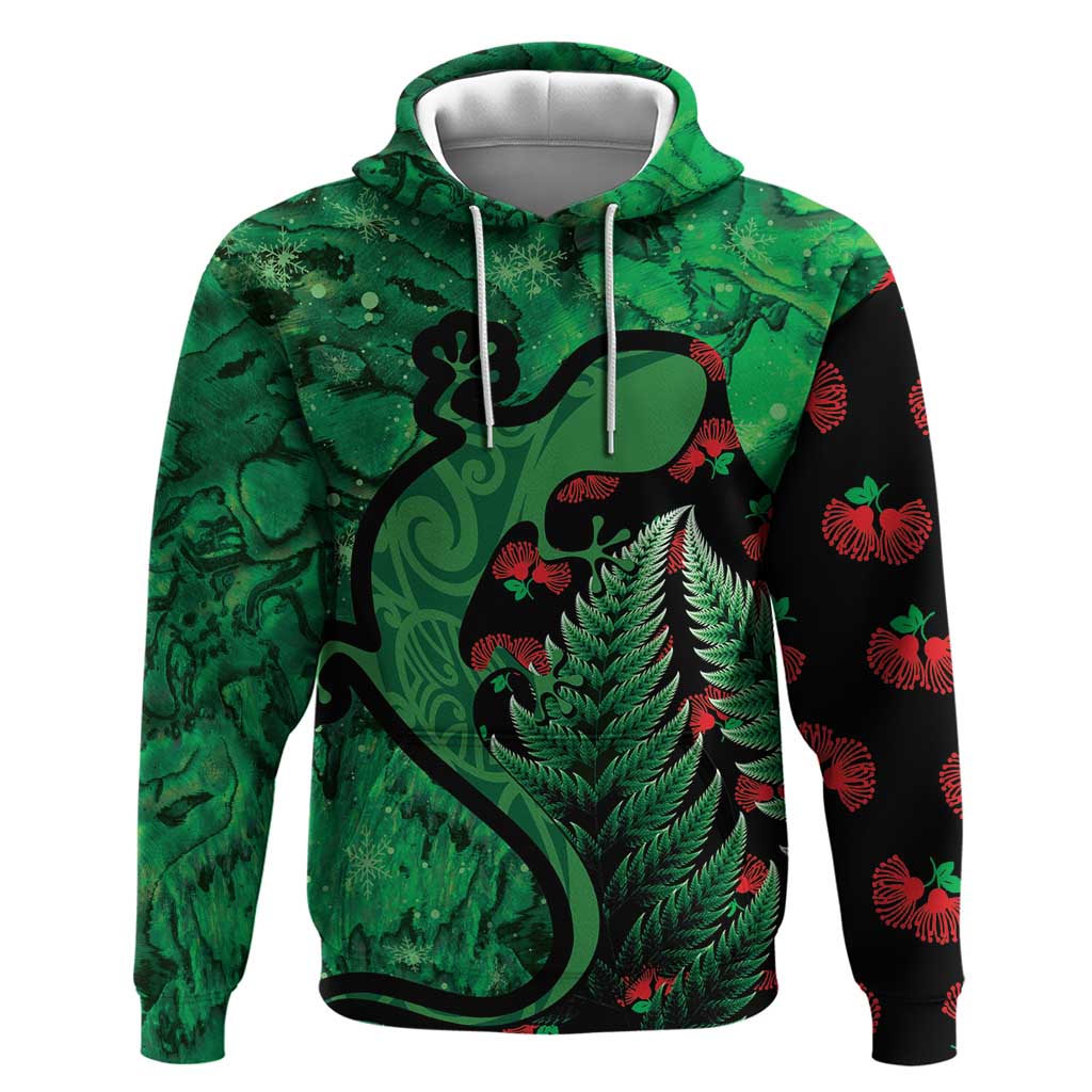 New Zealand Gecko Christmas Hoodie Meri Kirihimete Paua Shell Mix Pohutukawa - Vibe Hoodie Shop