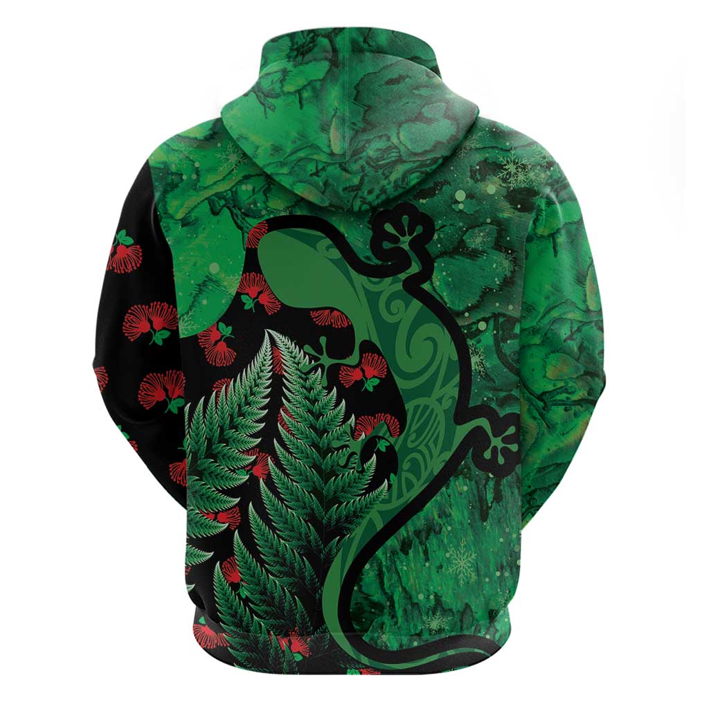 New Zealand Gecko Christmas Hoodie Meri Kirihimete Paua Shell Mix Pohutukawa - Vibe Hoodie Shop