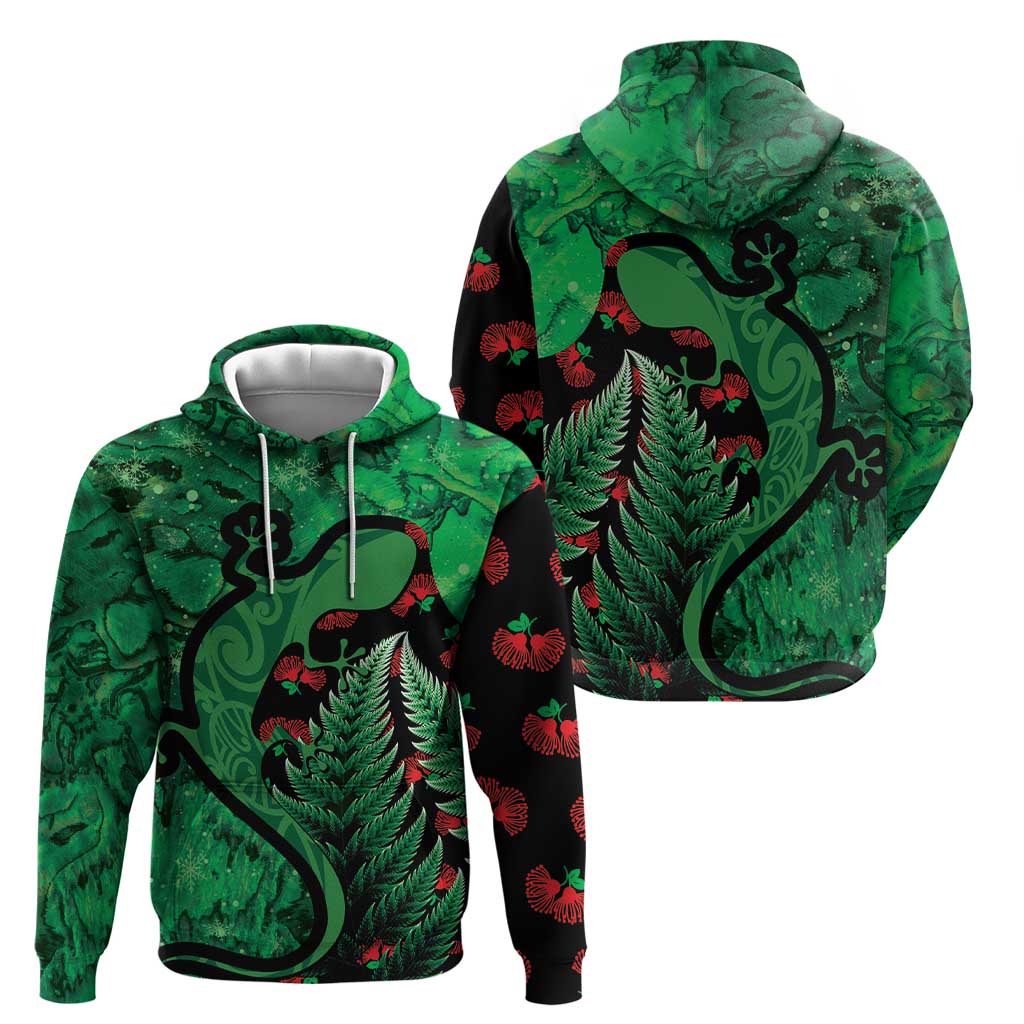 New Zealand Gecko Christmas Hoodie Meri Kirihimete Paua Shell Mix Pohutukawa - Vibe Hoodie Shop