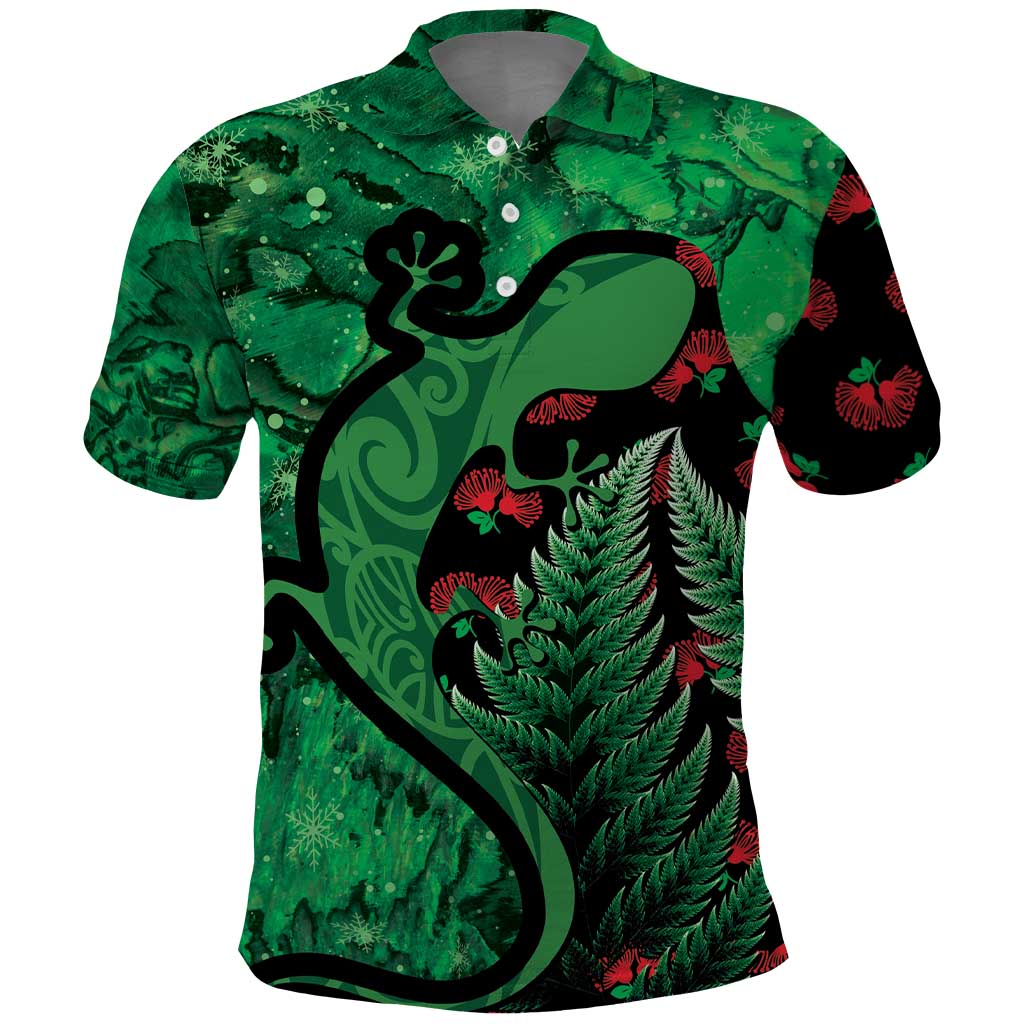 New Zealand Gecko Christmas Polo Shirt Meri Kirihimete Paua Shell Mix Pohutukawa - Vibe Hoodie Shop