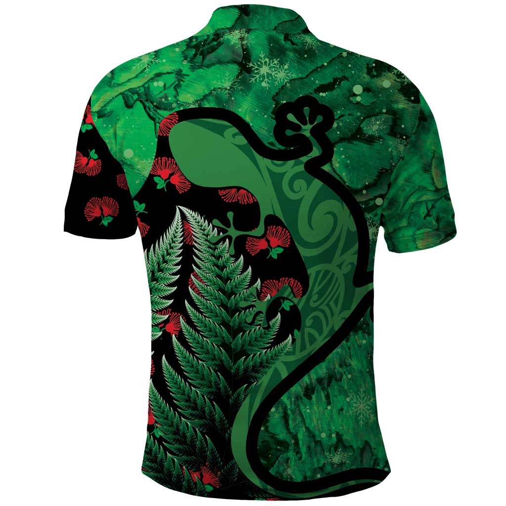 New Zealand Gecko Christmas Polo Shirt Meri Kirihimete Paua Shell Mix Pohutukawa - Vibe Hoodie Shop