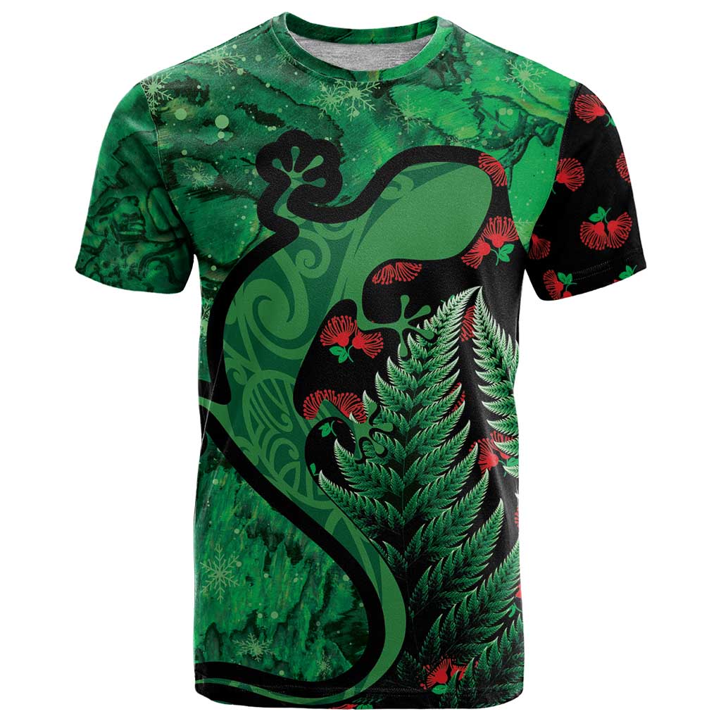 New Zealand Gecko Christmas T Shirt Meri Kirihimete Paua Shell Mix Pohutukawa - Vibe Hoodie Shop