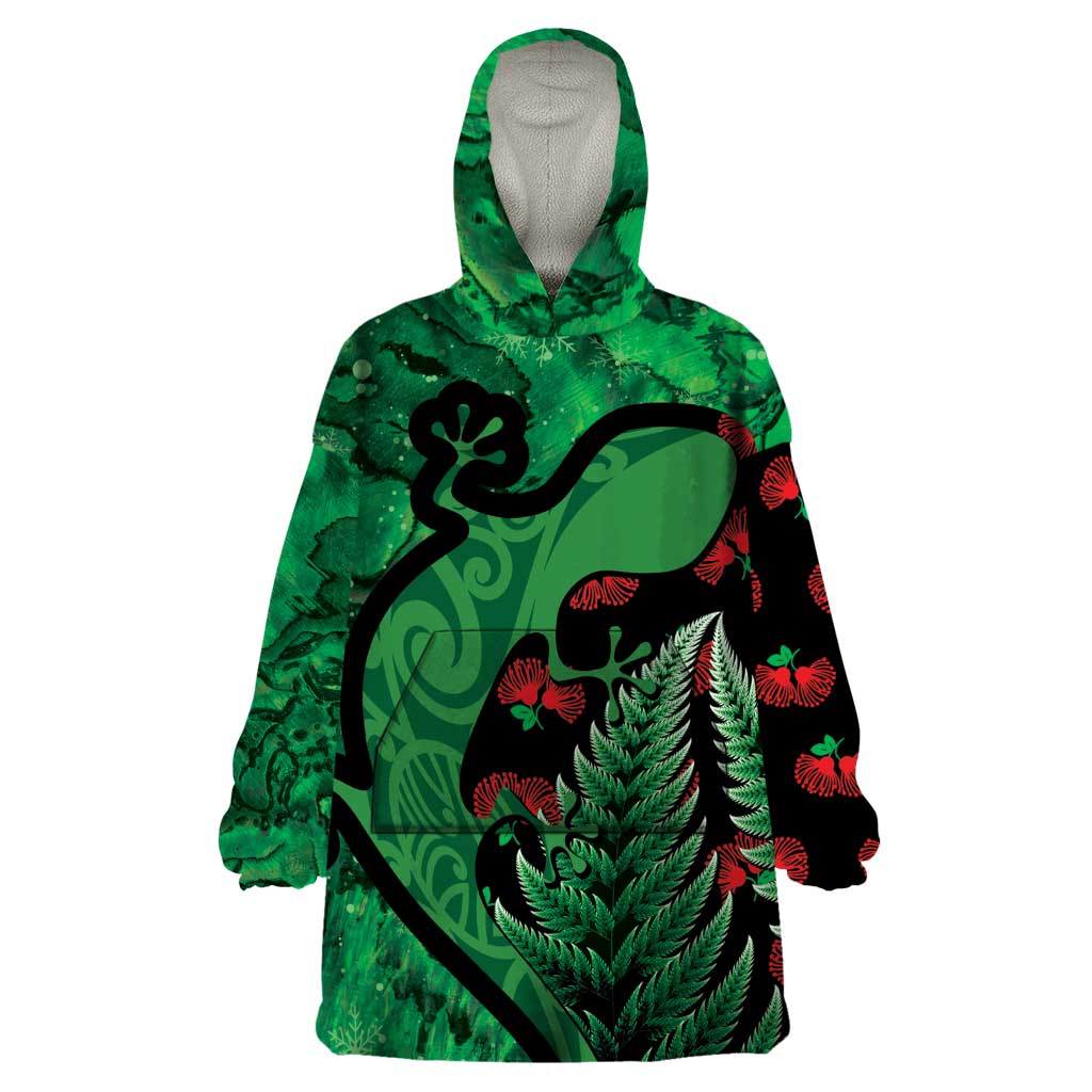 New Zealand Gecko Christmas Wearable Blanket Hoodie Meri Kirihimete Paua Shell Mix Pohutukawa - Vibe Hoodie Shop