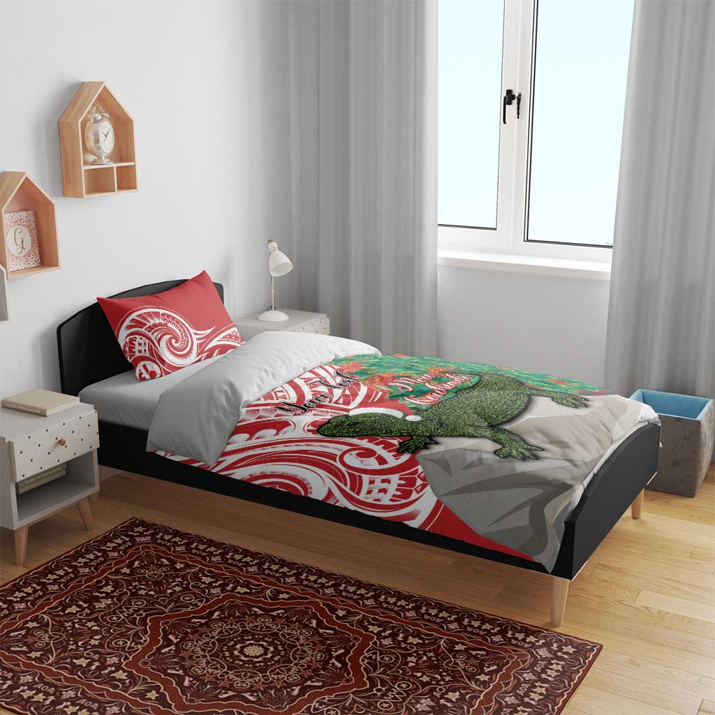 Personalised New Zealand Tuatara Christmas Bedding Set Meri Kirihimete Aotearoa Maori Mix Pohutukawa - Vibe Hoodie Shop