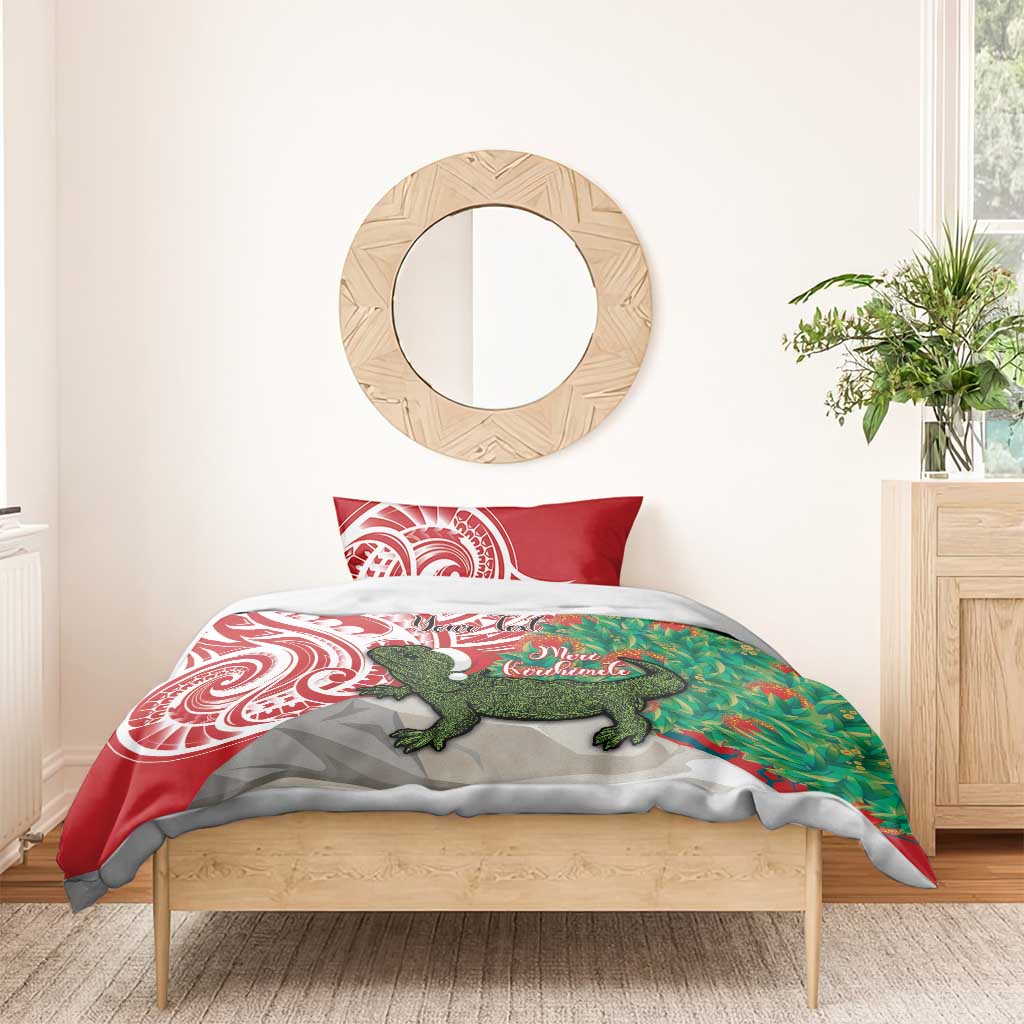 Personalised New Zealand Tuatara Christmas Bedding Set Meri Kirihimete Aotearoa Maori Mix Pohutukawa - Vibe Hoodie Shop
