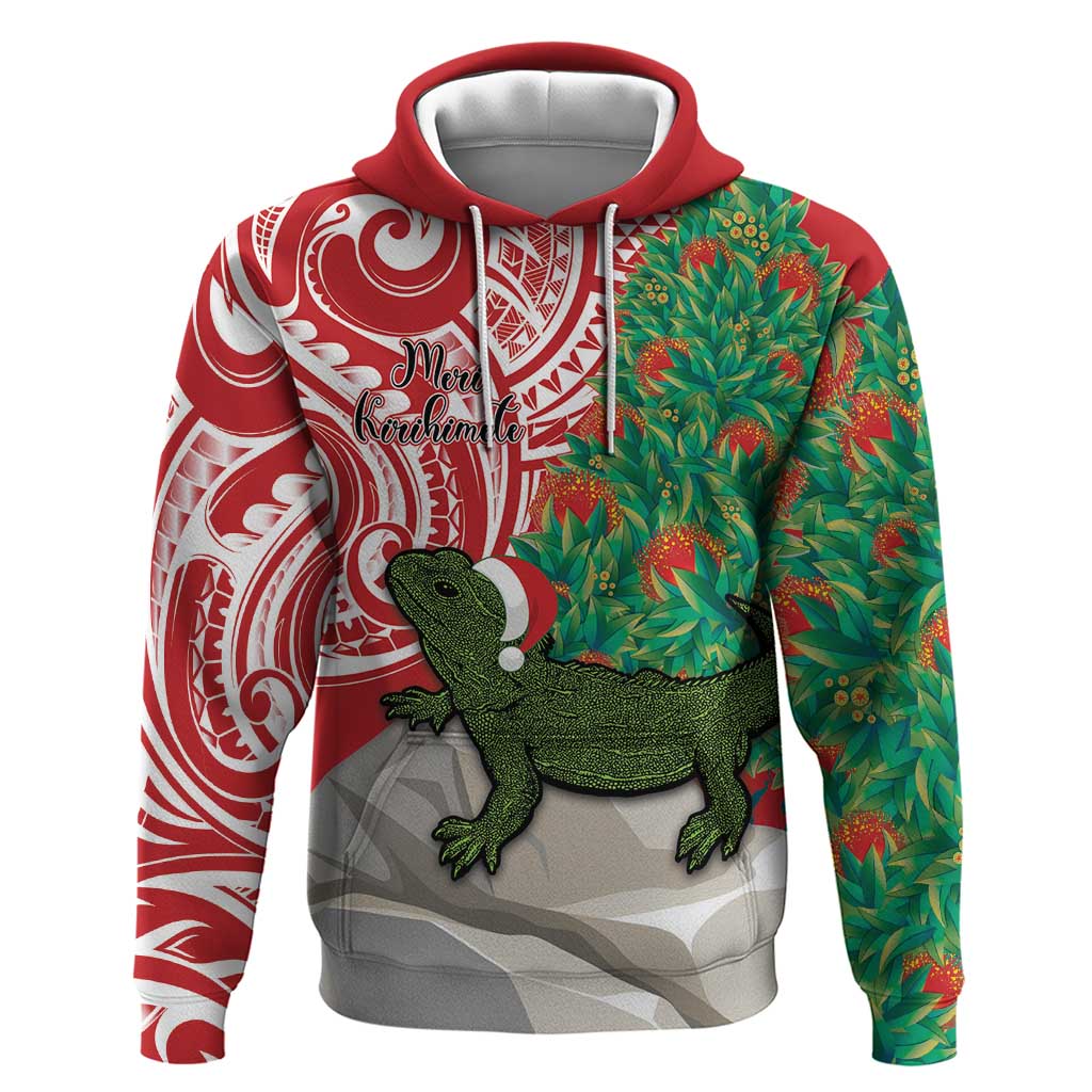 Personalised New Zealand Tuatara Christmas Hoodie Meri Kirihimete Aotearoa Maori Mix Pohutukawa - Vibe Hoodie Shop