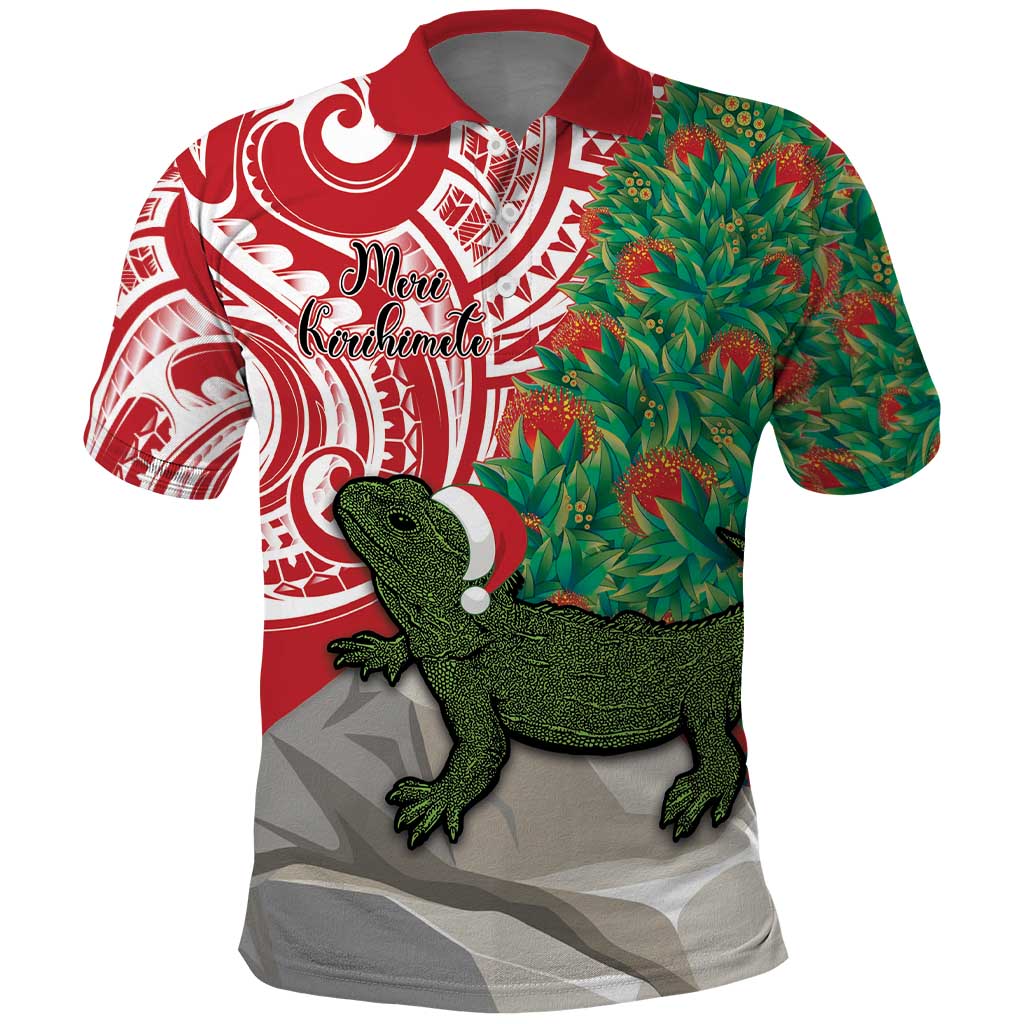 Personalised New Zealand Tuatara Christmas Polo Shirt Meri Kirihimete Aotearoa Maori Mix Pohutukawa - Vibe Hoodie Shop