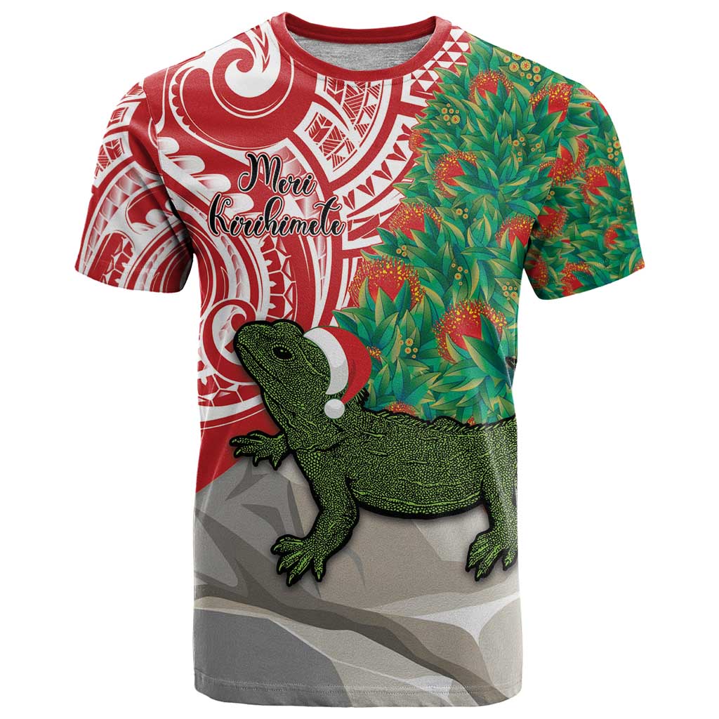 Personalised New Zealand Tuatara Christmas T Shirt Meri Kirihimete Aotearoa Maori Mix Pohutukawa - Vibe Hoodie Shop