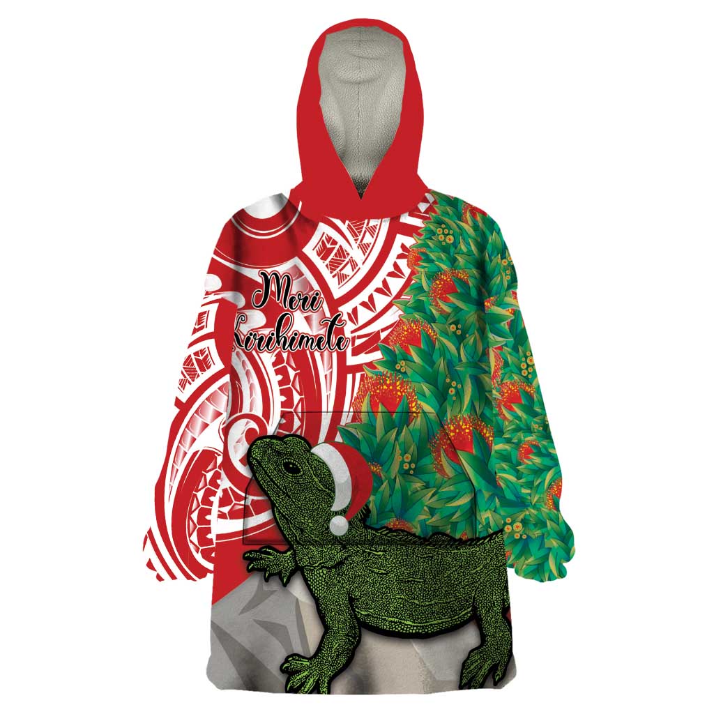 Personalised New Zealand Tuatara Christmas Wearable Blanket Hoodie Meri Kirihimete Aotearoa Maori Mix Pohutukawa - Vibe Hoodie Shop