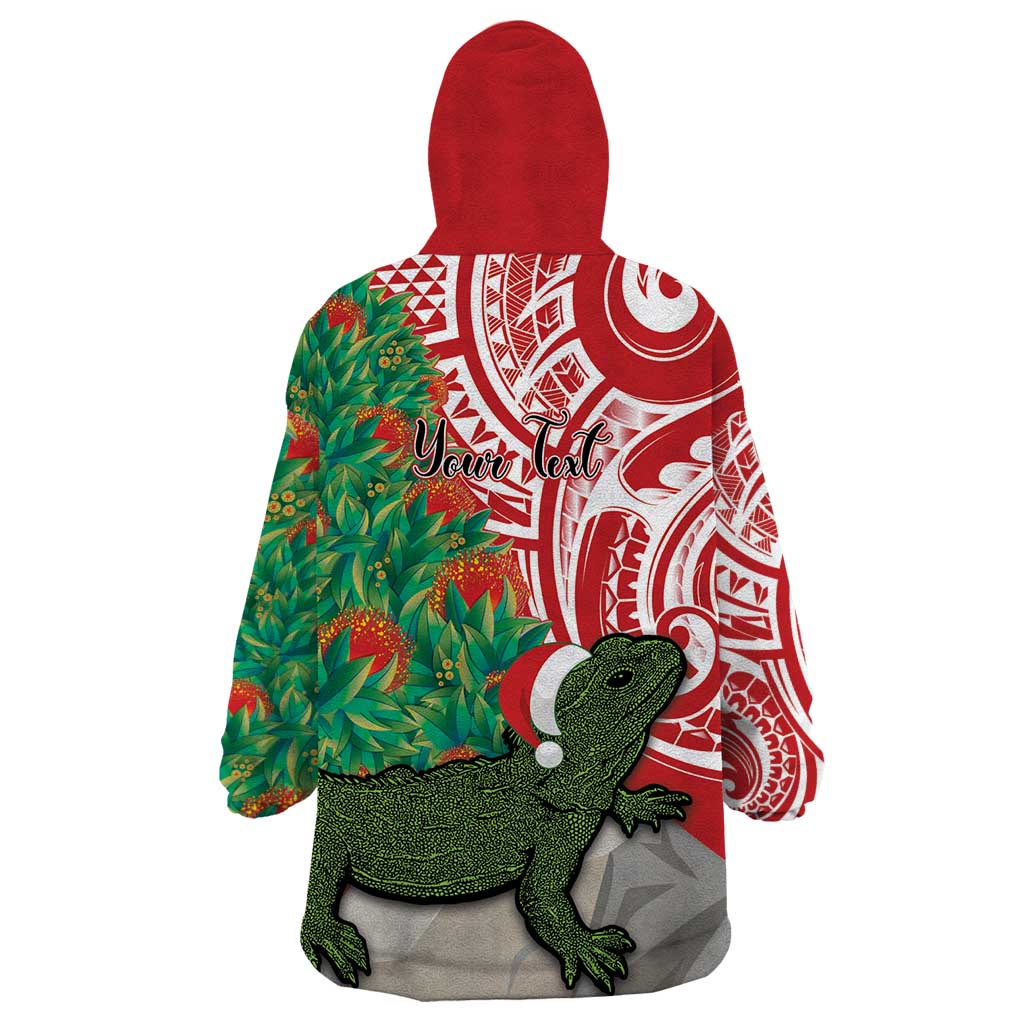 Personalised New Zealand Tuatara Christmas Wearable Blanket Hoodie Meri Kirihimete Aotearoa Maori Mix Pohutukawa - Vibe Hoodie Shop