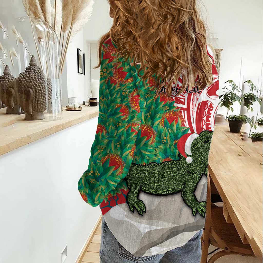 Personalised New Zealand Tuatara Christmas Women Casual Shirt Meri Kirihimete Aotearoa Maori Mix Pohutukawa - Vibe Hoodie Shop