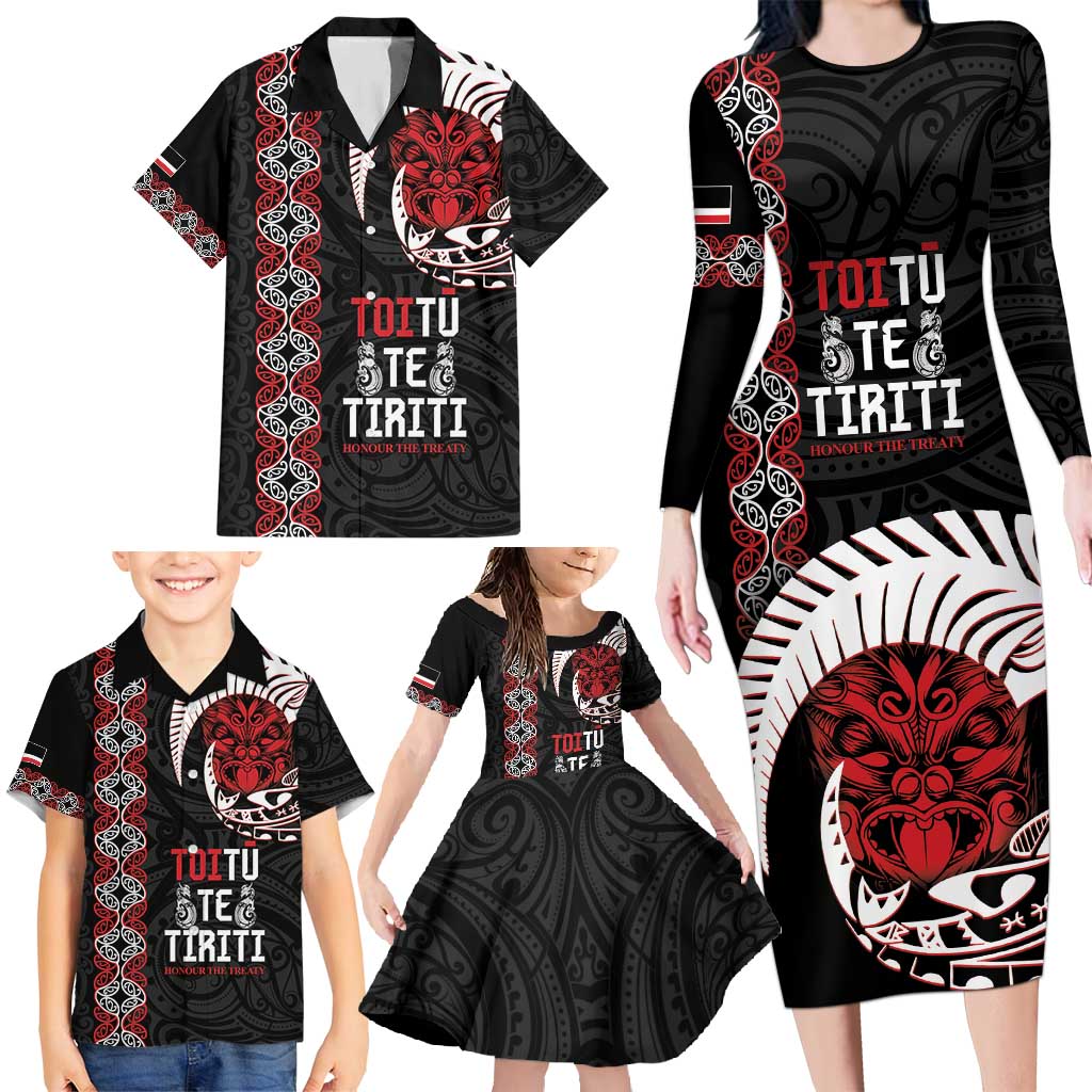 Aotearoa Toitu Te Tiriti Family Matching Long Sleeve Bodycon Dress and Hawaiian Shirt Honour The Treaty Maori Haka