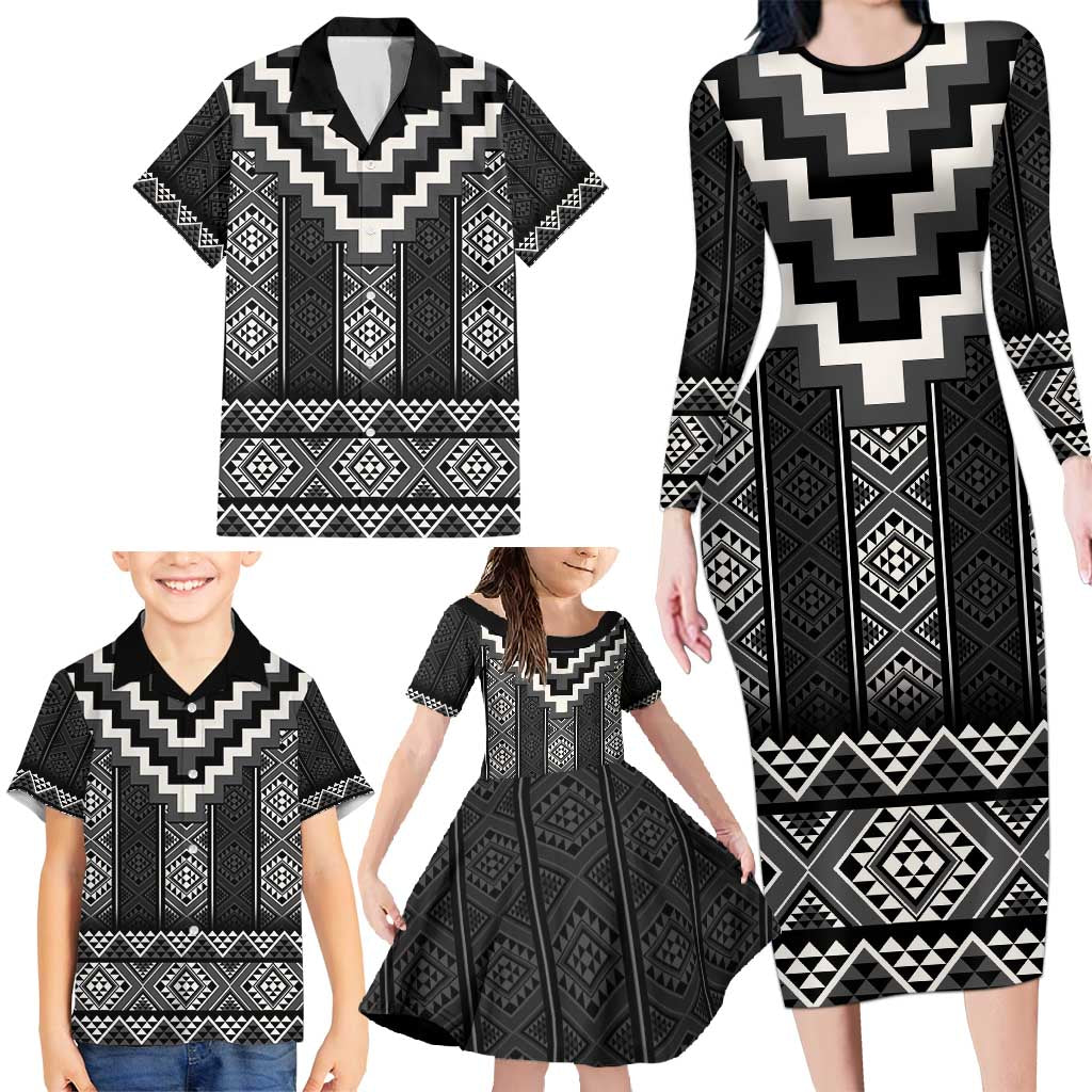 Black Taniko Aotearoa Family Matching Long Sleeve Bodycon Dress and Hawaiian Shirt Niho Taniwha Mix Poutama LT14