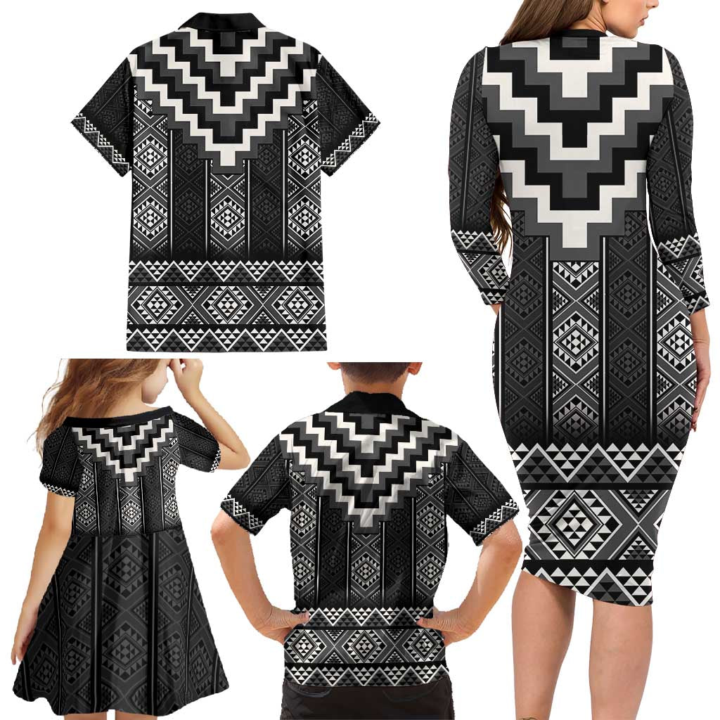 Black Taniko Aotearoa Family Matching Long Sleeve Bodycon Dress and Hawaiian Shirt Niho Taniwha Mix Poutama LT14