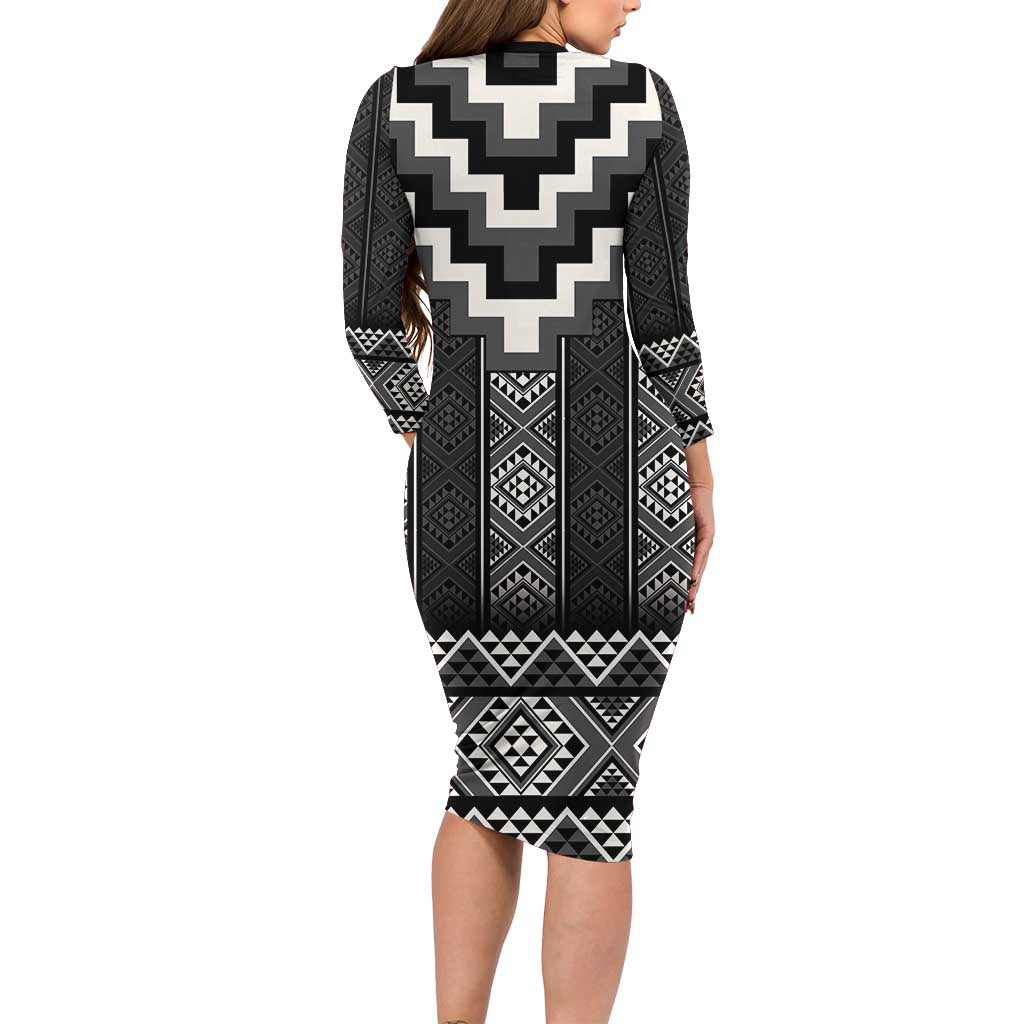 Black Taniko Aotearoa Family Matching Long Sleeve Bodycon Dress and Hawaiian Shirt Niho Taniwha Mix Poutama LT14