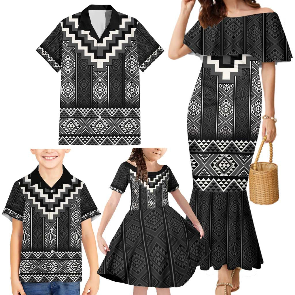 Black Taniko Aotearoa Family Matching Mermaid Dress and Hawaiian Shirt Niho Taniwha Mix Poutama LT14