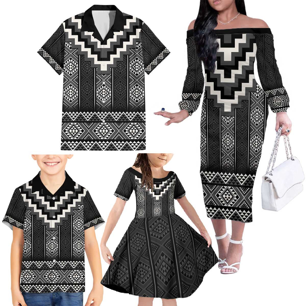 Black Taniko Aotearoa Family Matching Off The Shoulder Long Sleeve Dress and Hawaiian Shirt Niho Taniwha Mix Poutama LT14