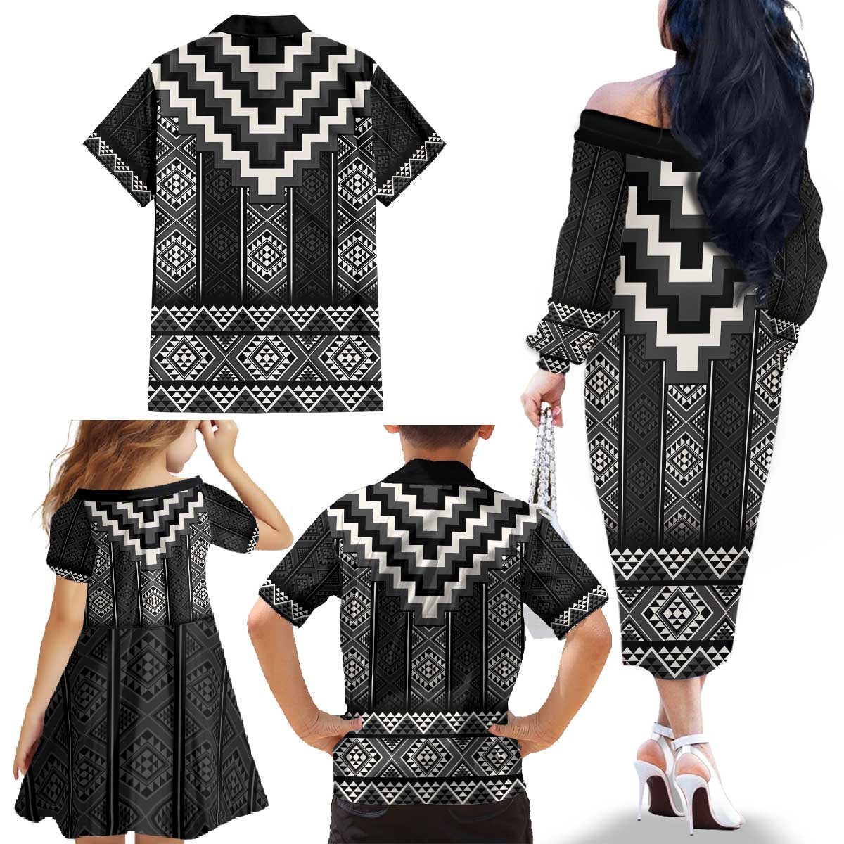 Black Taniko Aotearoa Family Matching Off The Shoulder Long Sleeve Dress and Hawaiian Shirt Niho Taniwha Mix Poutama LT14