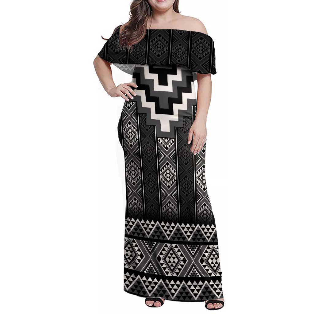 Black Taniko Aotearoa Family Matching Off Shoulder Maxi Dress and Hawaiian Shirt Niho Taniwha Mix Poutama LT14