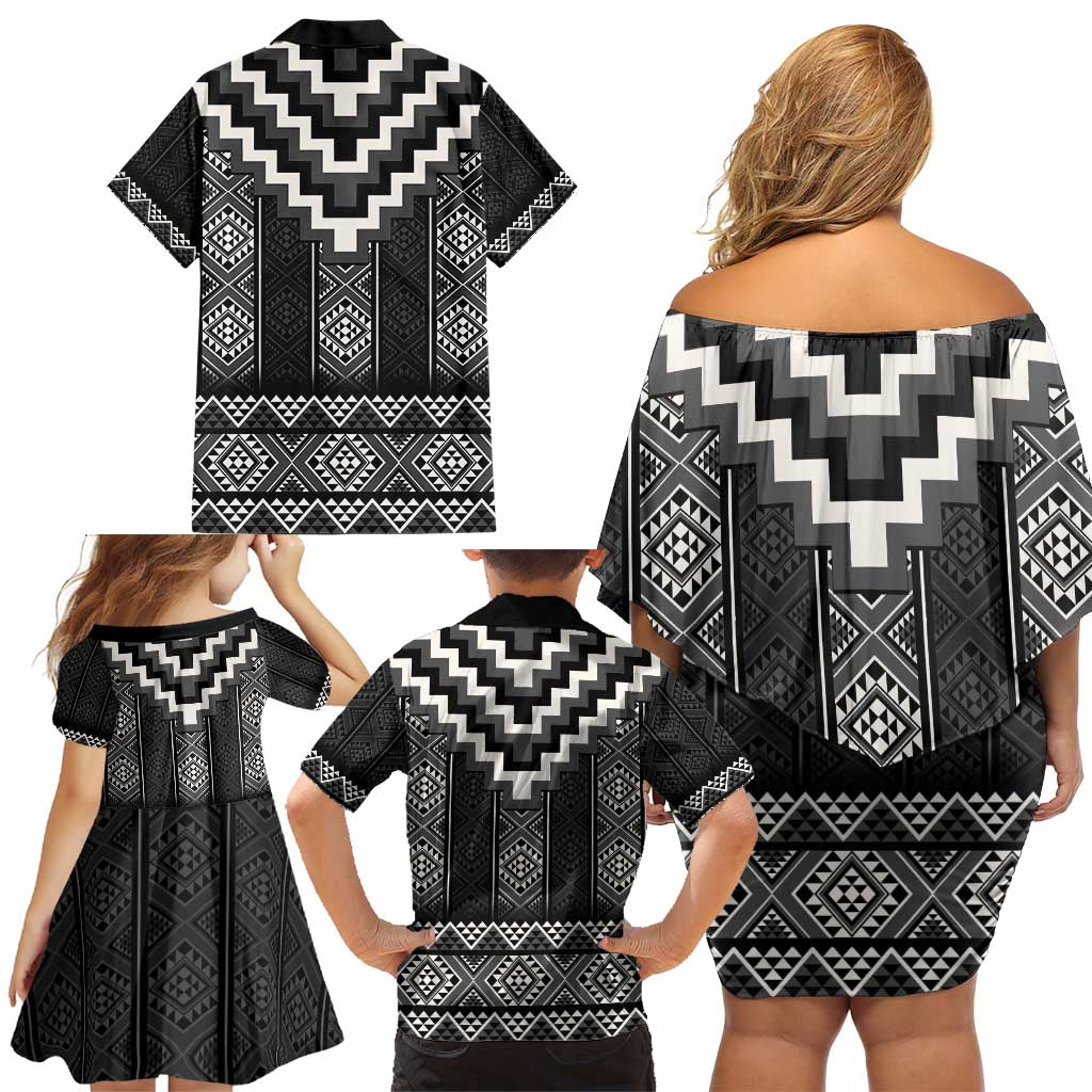 Black Taniko Aotearoa Family Matching Off Shoulder Short Dress and Hawaiian Shirt Niho Taniwha Mix Poutama LT14