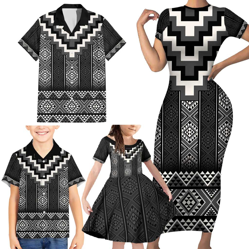 Black Taniko Aotearoa Family Matching Short Sleeve Bodycon Dress and Hawaiian Shirt Niho Taniwha Mix Poutama LT14