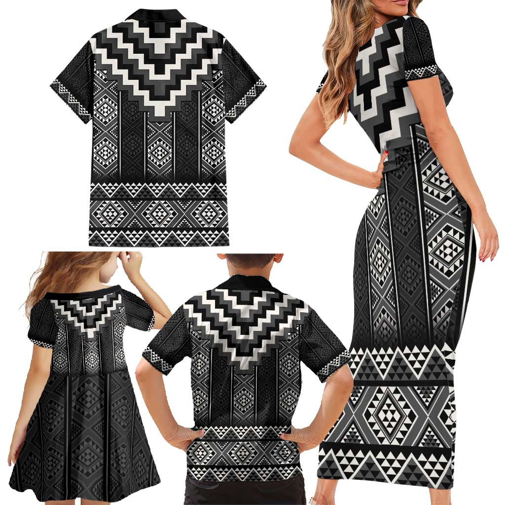 Black Taniko Aotearoa Family Matching Short Sleeve Bodycon Dress and Hawaiian Shirt Niho Taniwha Mix Poutama LT14