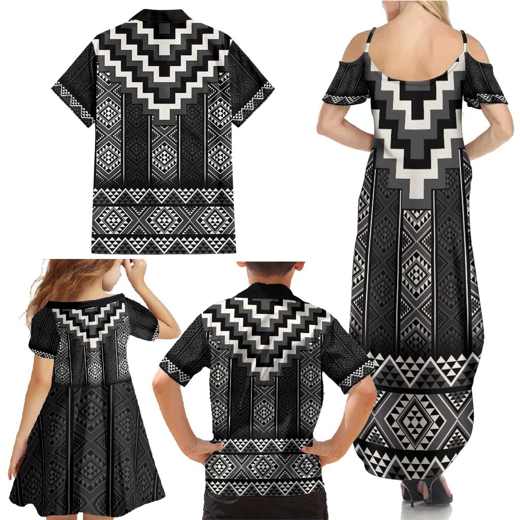 Black Taniko Aotearoa Family Matching Summer Maxi Dress and Hawaiian Shirt Niho Taniwha Mix Poutama LT14