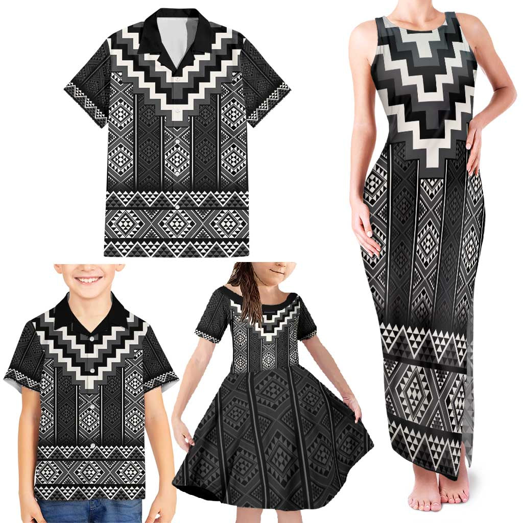 Black Taniko Aotearoa Family Matching Tank Maxi Dress and Hawaiian Shirt Niho Taniwha Mix Poutama LT14