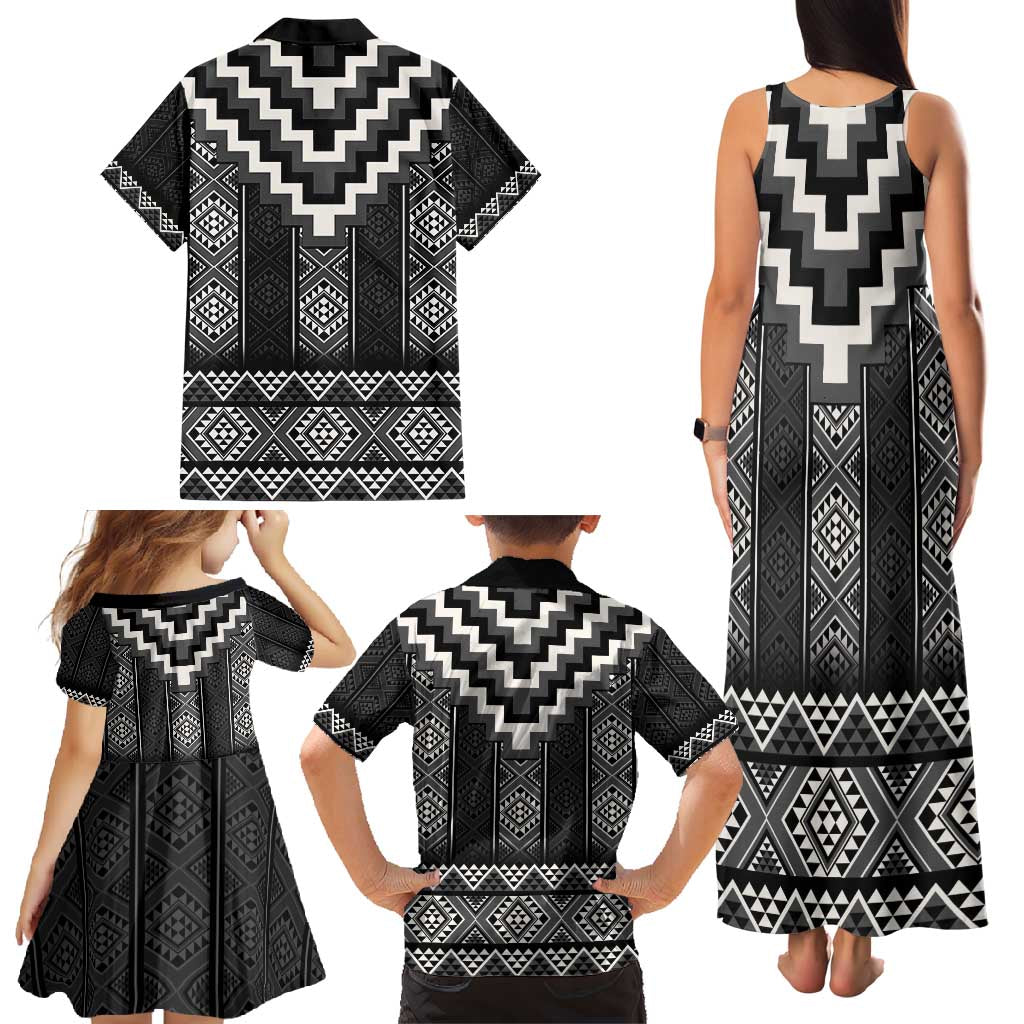 Black Taniko Aotearoa Family Matching Tank Maxi Dress and Hawaiian Shirt Niho Taniwha Mix Poutama LT14