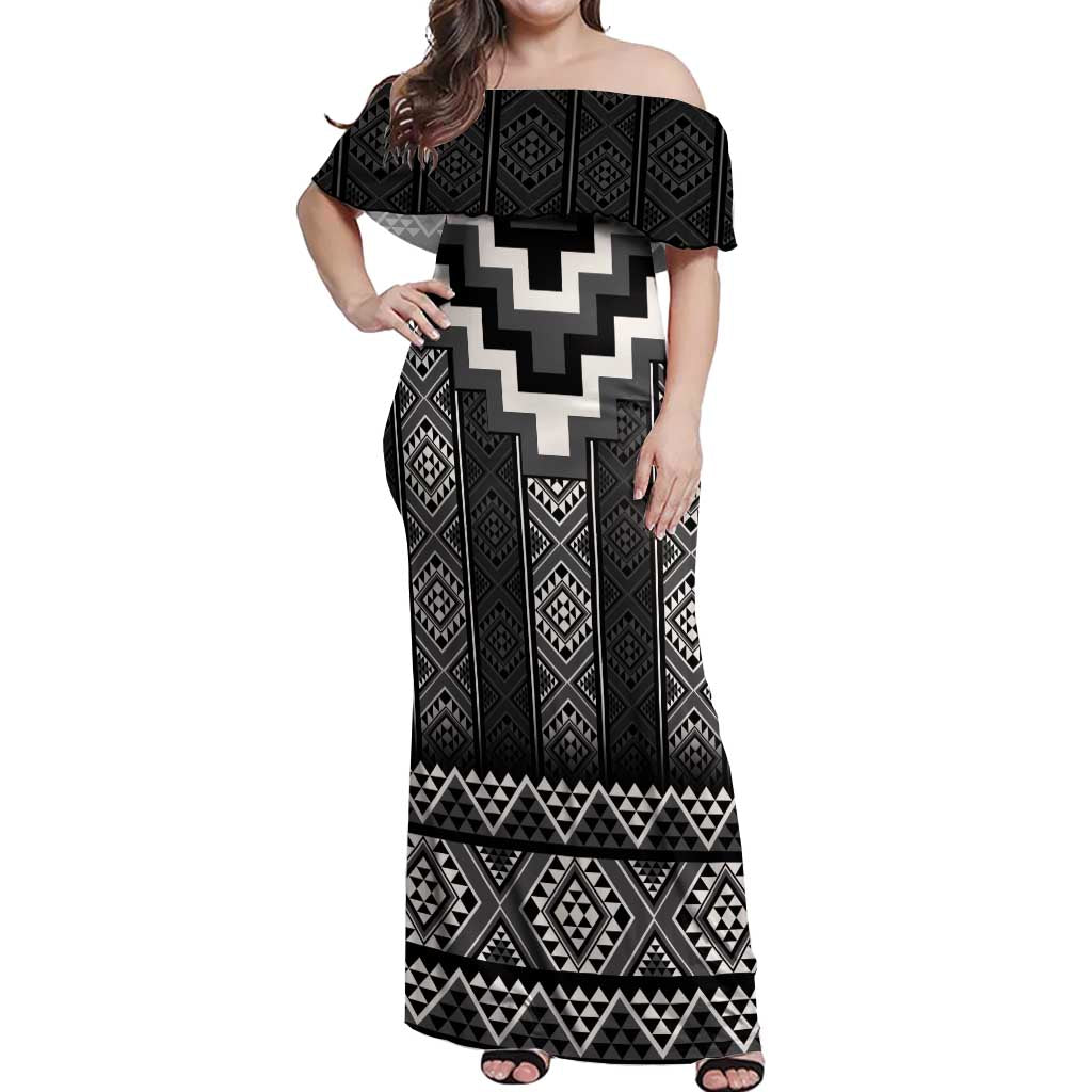 Black Taniko Aotearoa Off Shoulder Maxi Dress Niho Taniwha Mix Poutama LT14