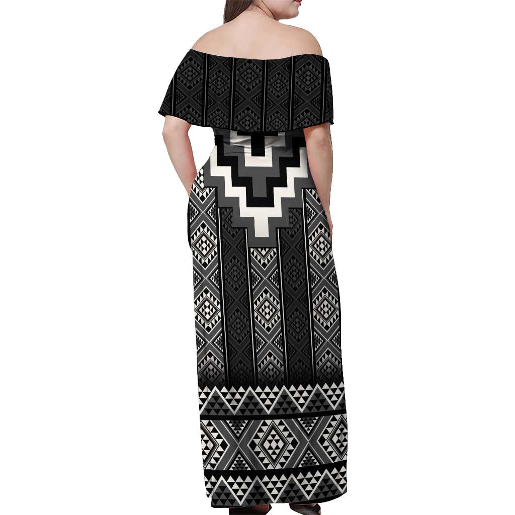 Black Taniko Aotearoa Off Shoulder Maxi Dress Niho Taniwha Mix Poutama LT14