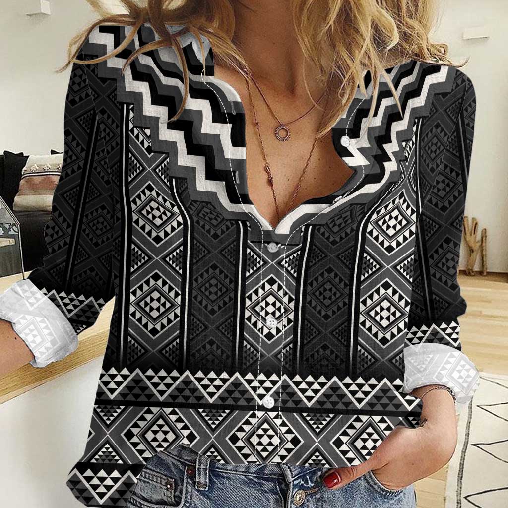 Black Taniko Aotearoa Women Casual Shirt Niho Taniwha Mix Poutama - Vibe Hoodie Shop