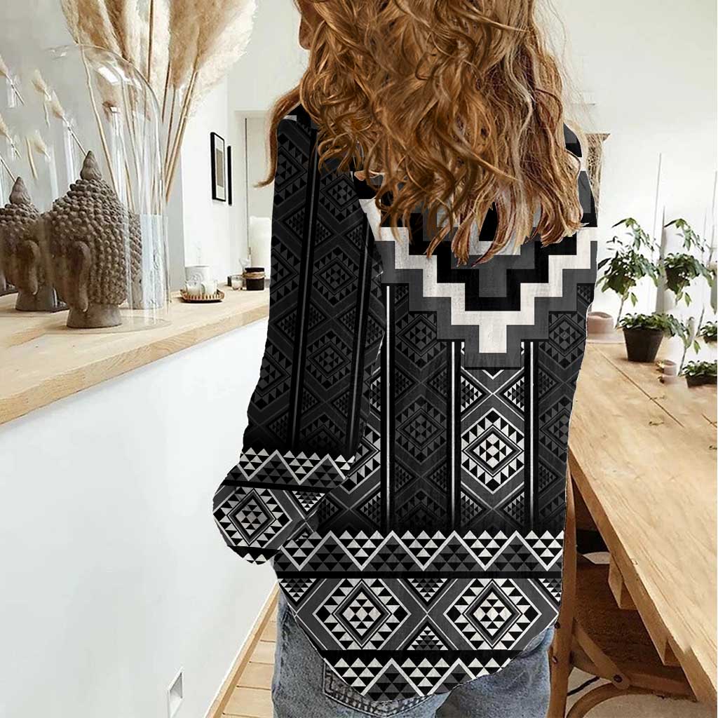 Black Taniko Aotearoa Women Casual Shirt Niho Taniwha Mix Poutama - Vibe Hoodie Shop