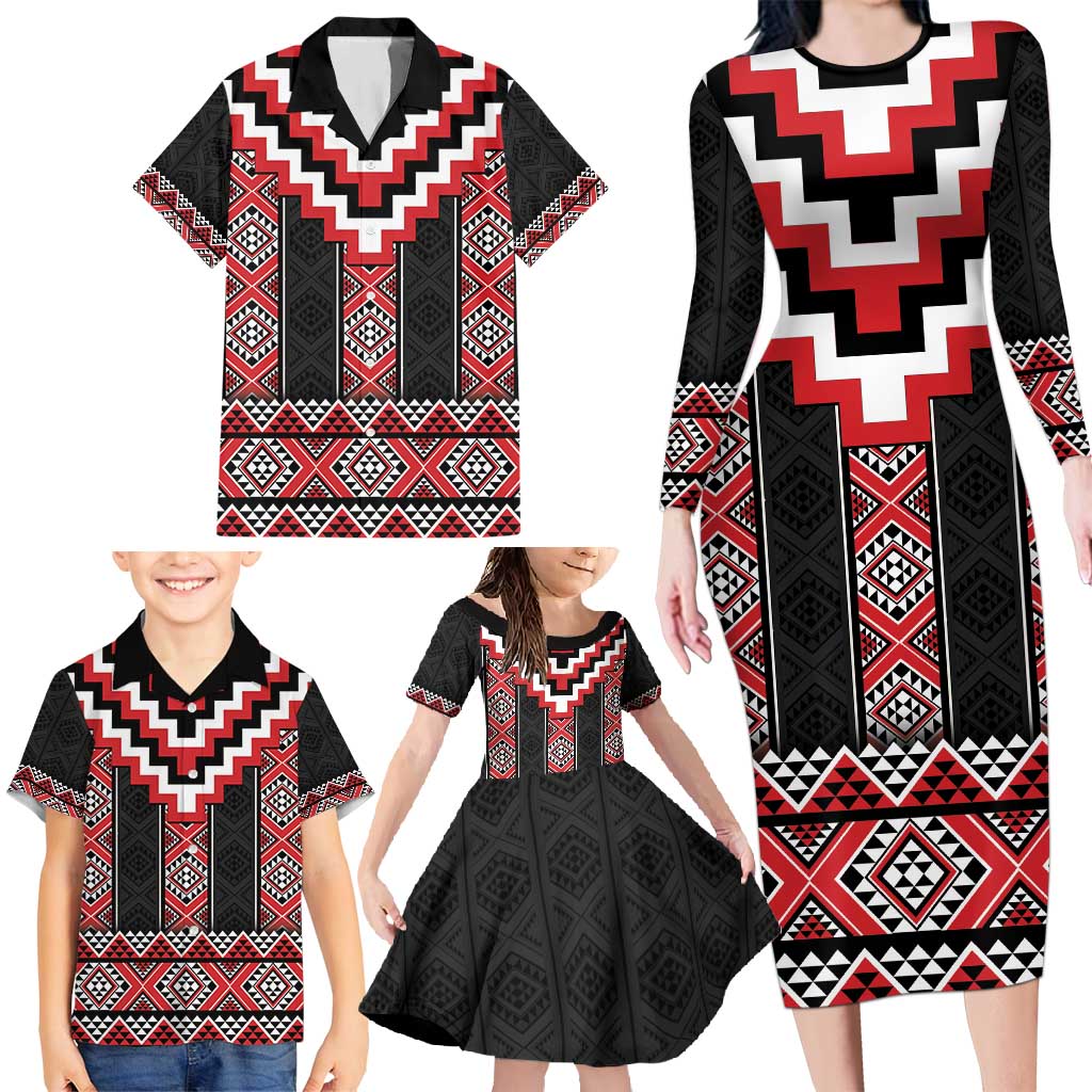 Red Taniko Aotearoa Family Matching Long Sleeve Bodycon Dress and Hawaiian Shirt Niho Taniwha Mix Poutama LT14