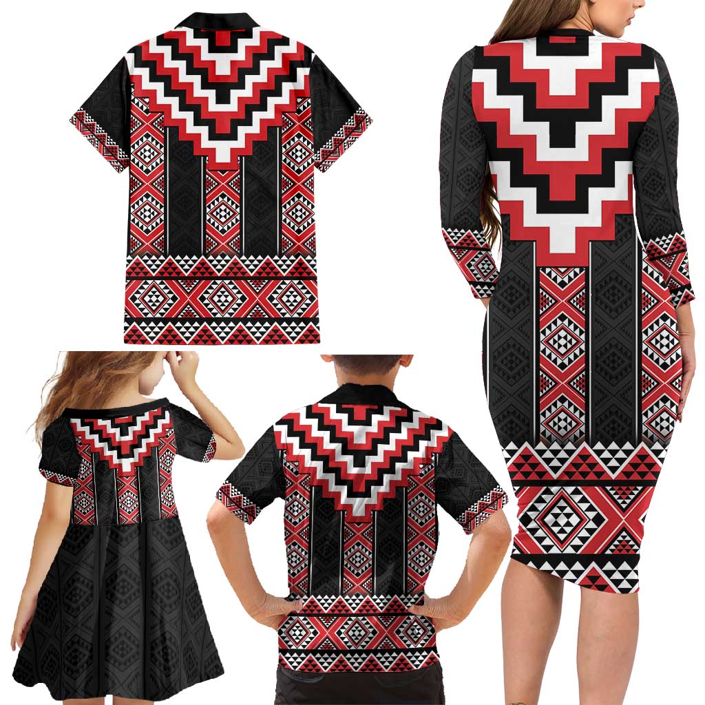 Red Taniko Aotearoa Family Matching Long Sleeve Bodycon Dress and Hawaiian Shirt Niho Taniwha Mix Poutama LT14