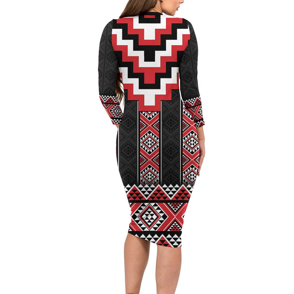 Red Taniko Aotearoa Family Matching Long Sleeve Bodycon Dress and Hawaiian Shirt Niho Taniwha Mix Poutama LT14