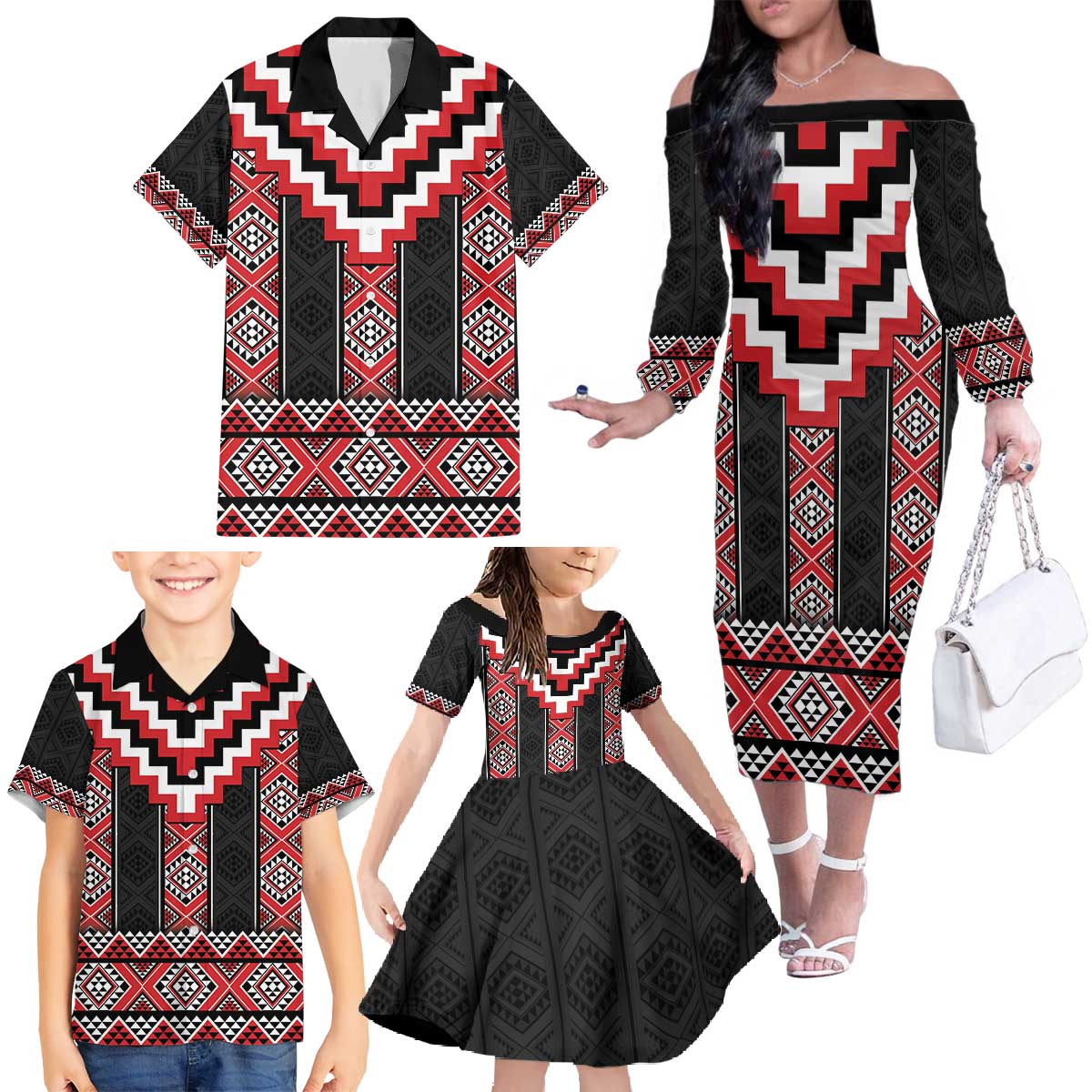 Red Taniko Aotearoa Family Matching Off The Shoulder Long Sleeve Dress and Hawaiian Shirt Niho Taniwha Mix Poutama LT14