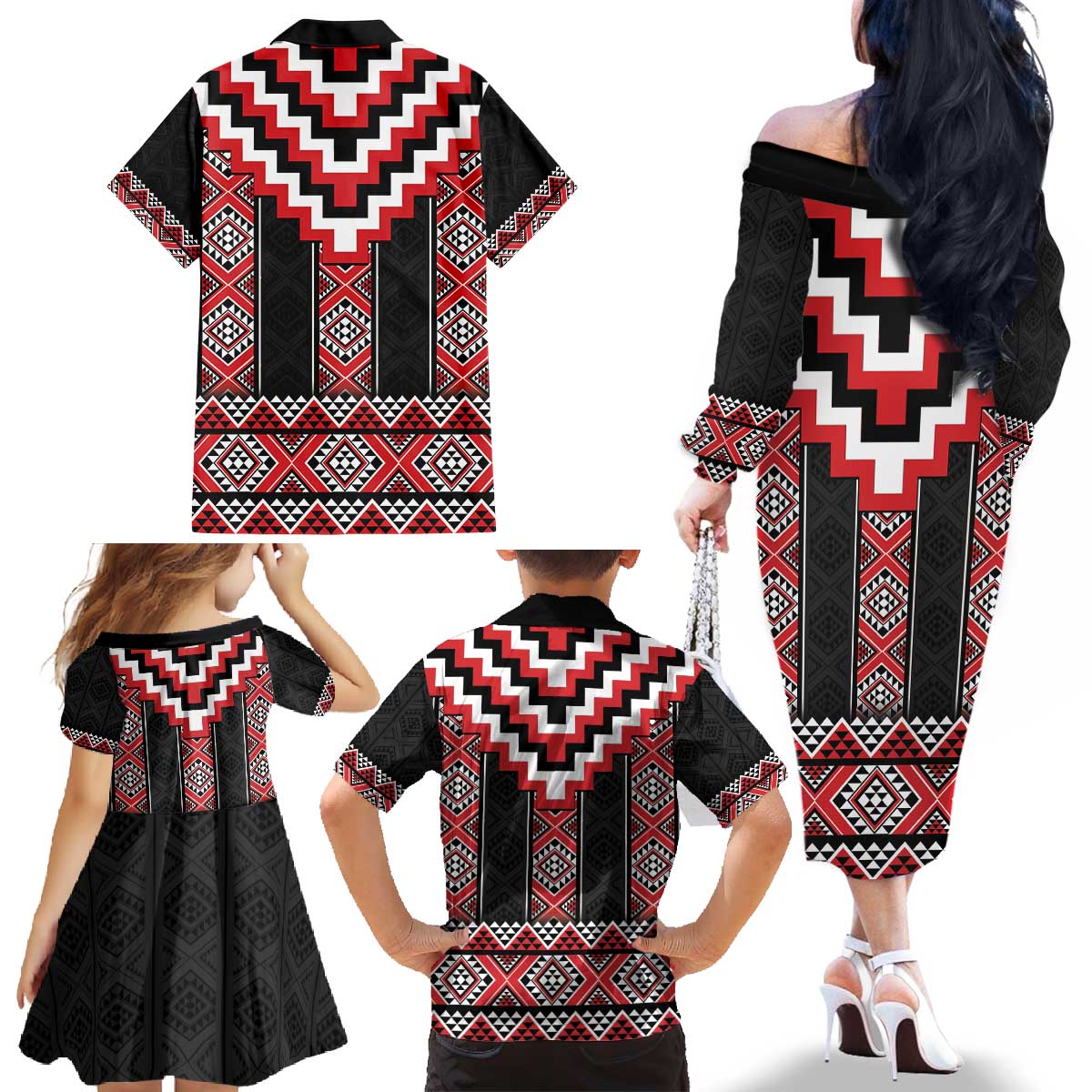 Red Taniko Aotearoa Family Matching Off The Shoulder Long Sleeve Dress and Hawaiian Shirt Niho Taniwha Mix Poutama LT14