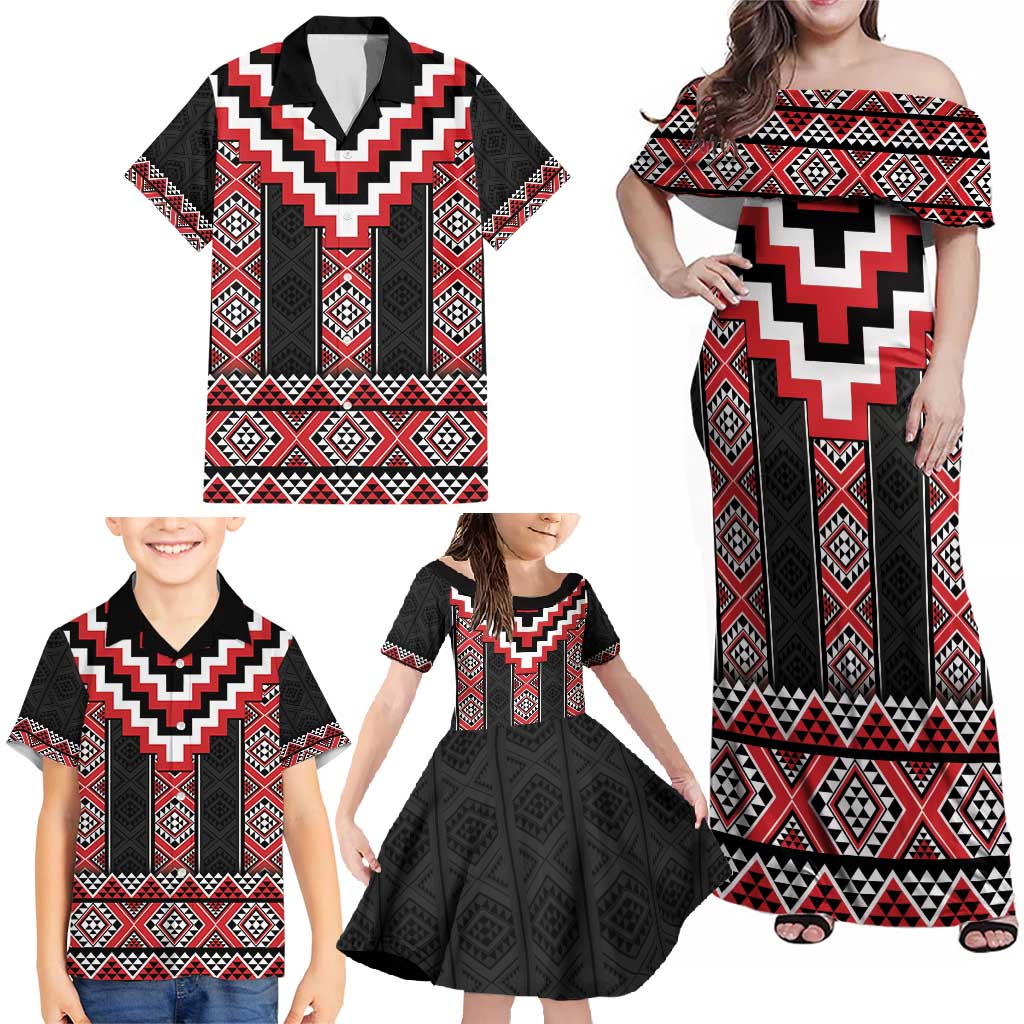 Red Taniko Aotearoa Family Matching Off Shoulder Maxi Dress and Hawaiian Shirt Niho Taniwha Mix Poutama LT14