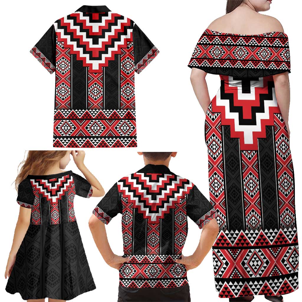 Red Taniko Aotearoa Family Matching Off Shoulder Maxi Dress and Hawaiian Shirt Niho Taniwha Mix Poutama LT14