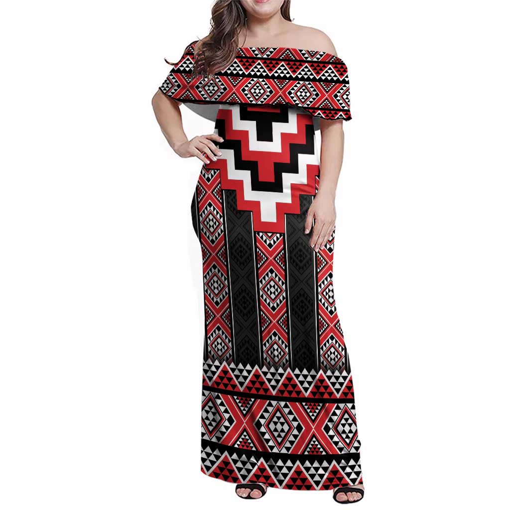 Red Taniko Aotearoa Family Matching Off Shoulder Maxi Dress and Hawaiian Shirt Niho Taniwha Mix Poutama LT14