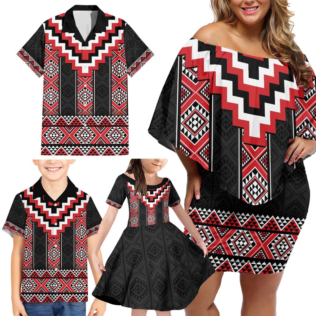 Red Taniko Aotearoa Family Matching Off Shoulder Short Dress and Hawaiian Shirt Niho Taniwha Mix Poutama LT14