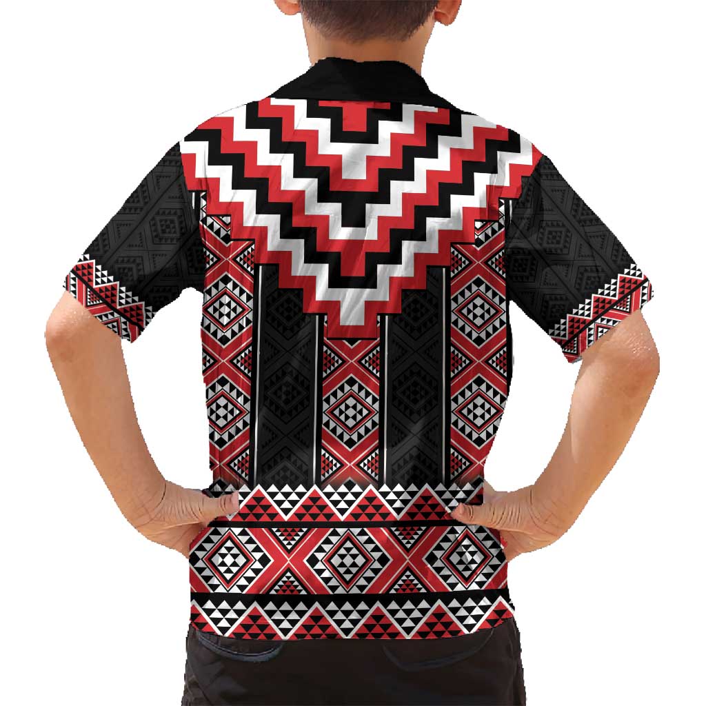 Red Taniko Aotearoa Family Matching Off Shoulder Short Dress and Hawaiian Shirt Niho Taniwha Mix Poutama LT14