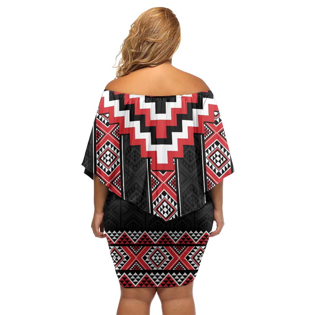 Red Taniko Aotearoa Family Matching Off Shoulder Short Dress and Hawaiian Shirt Niho Taniwha Mix Poutama LT14