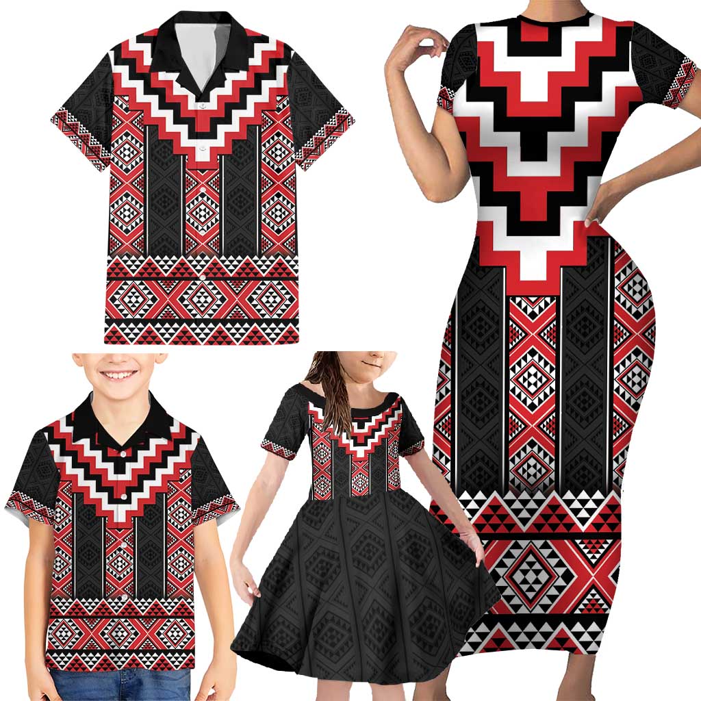 Red Taniko Aotearoa Family Matching Short Sleeve Bodycon Dress and Hawaiian Shirt Niho Taniwha Mix Poutama LT14