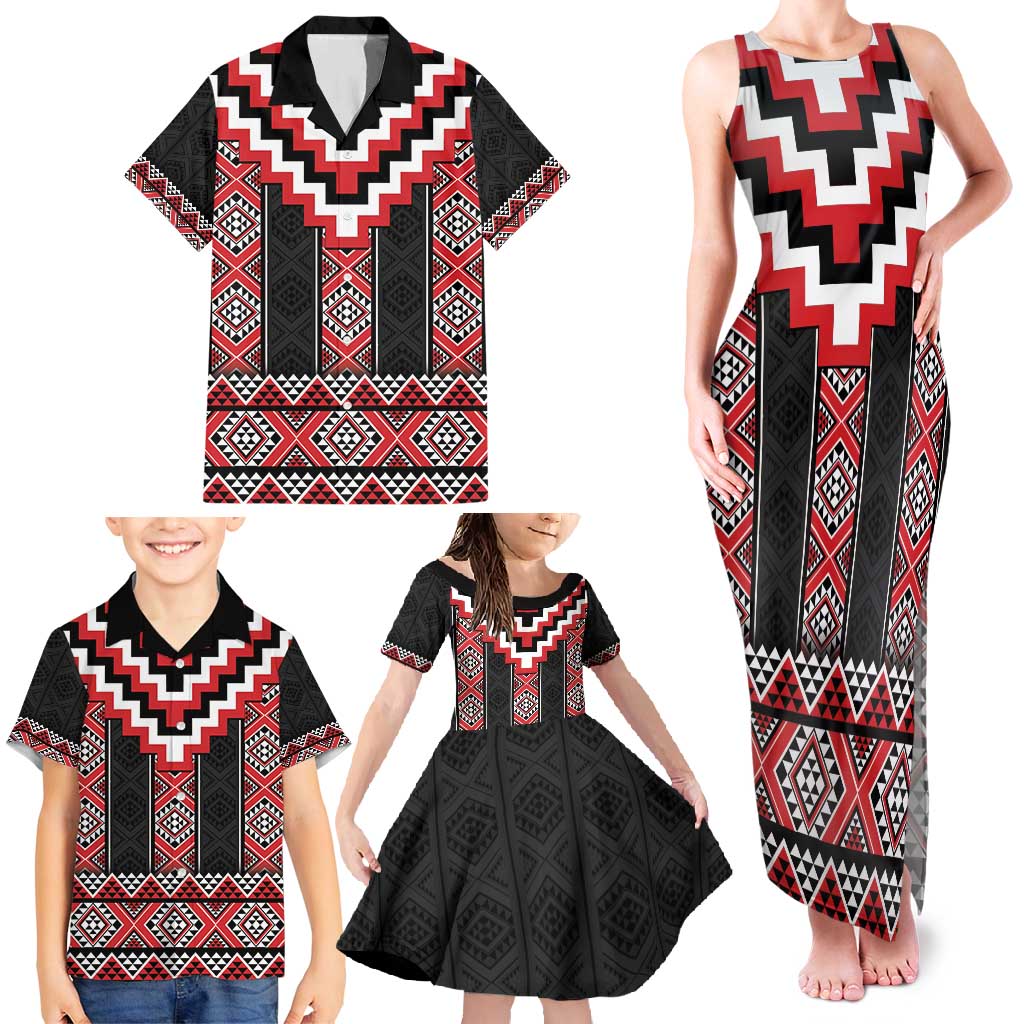 Red Taniko Aotearoa Family Matching Tank Maxi Dress and Hawaiian Shirt Niho Taniwha Mix Poutama LT14